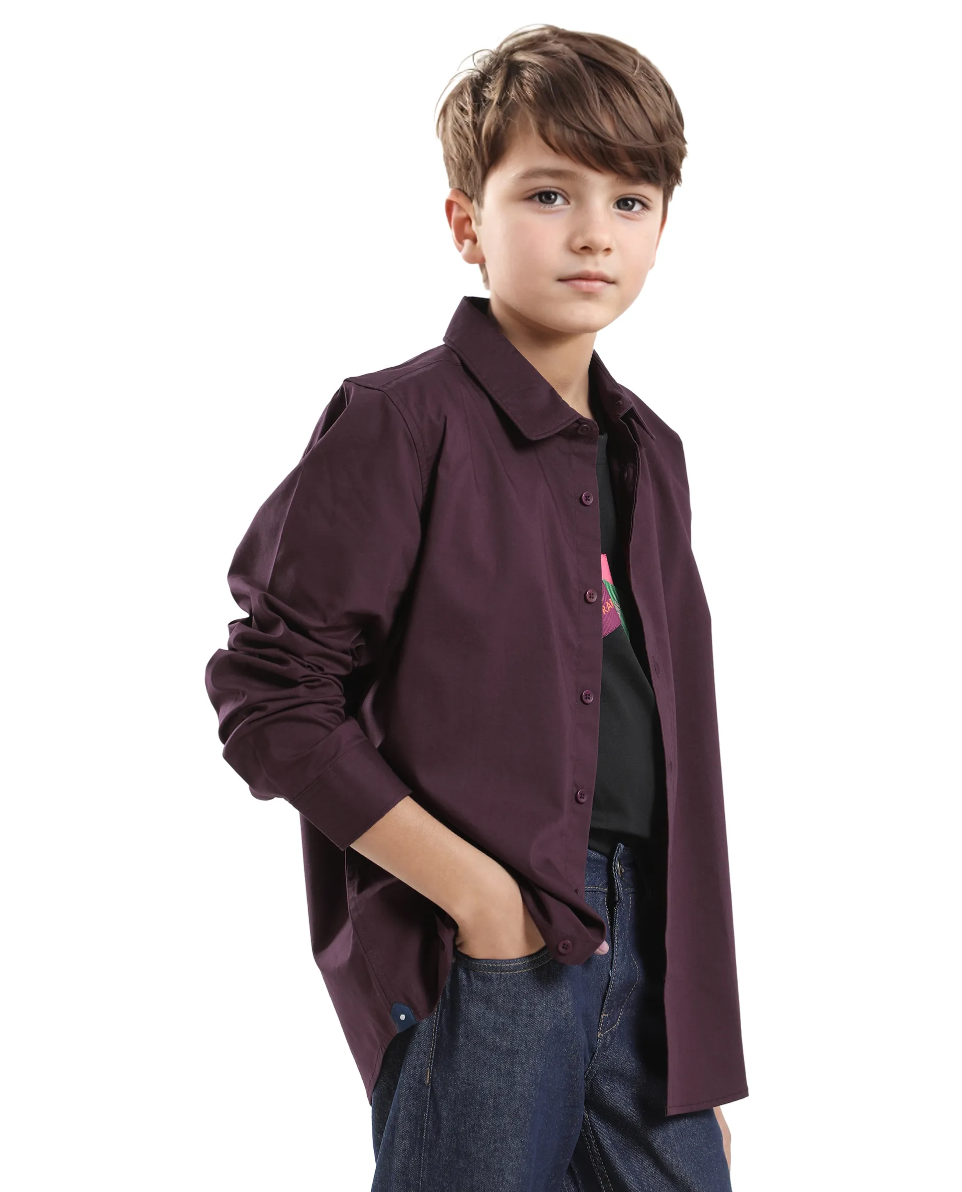 Rare Ones Kids Beno Maroon Cotton Blend Full Sleeve Button Solid Regular Fit Shirt - Image 7