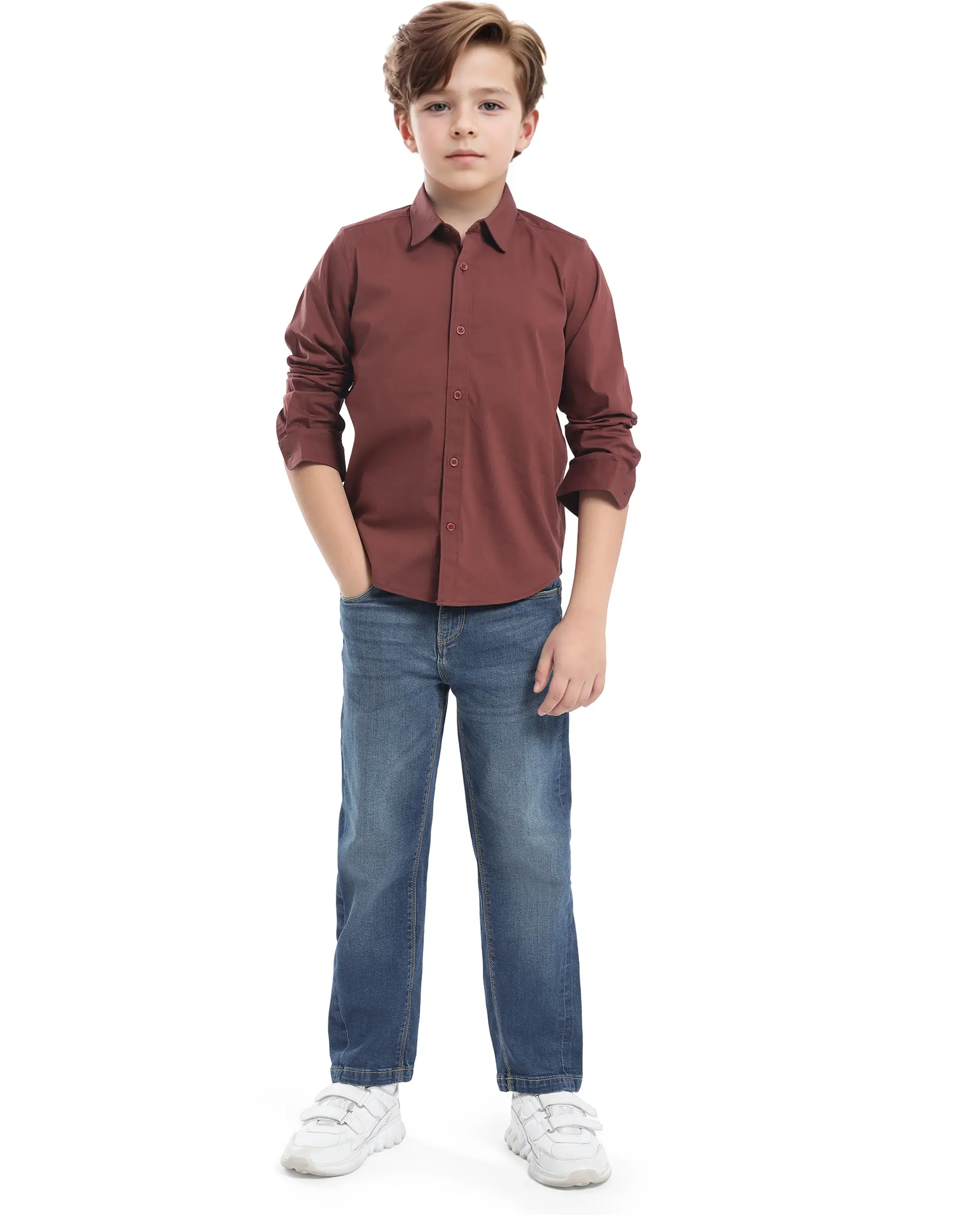 Rare Ones Kids Beno Rust Cotton Blend Full Sleeve Button Solid Regular Fit Shirt - Image 2