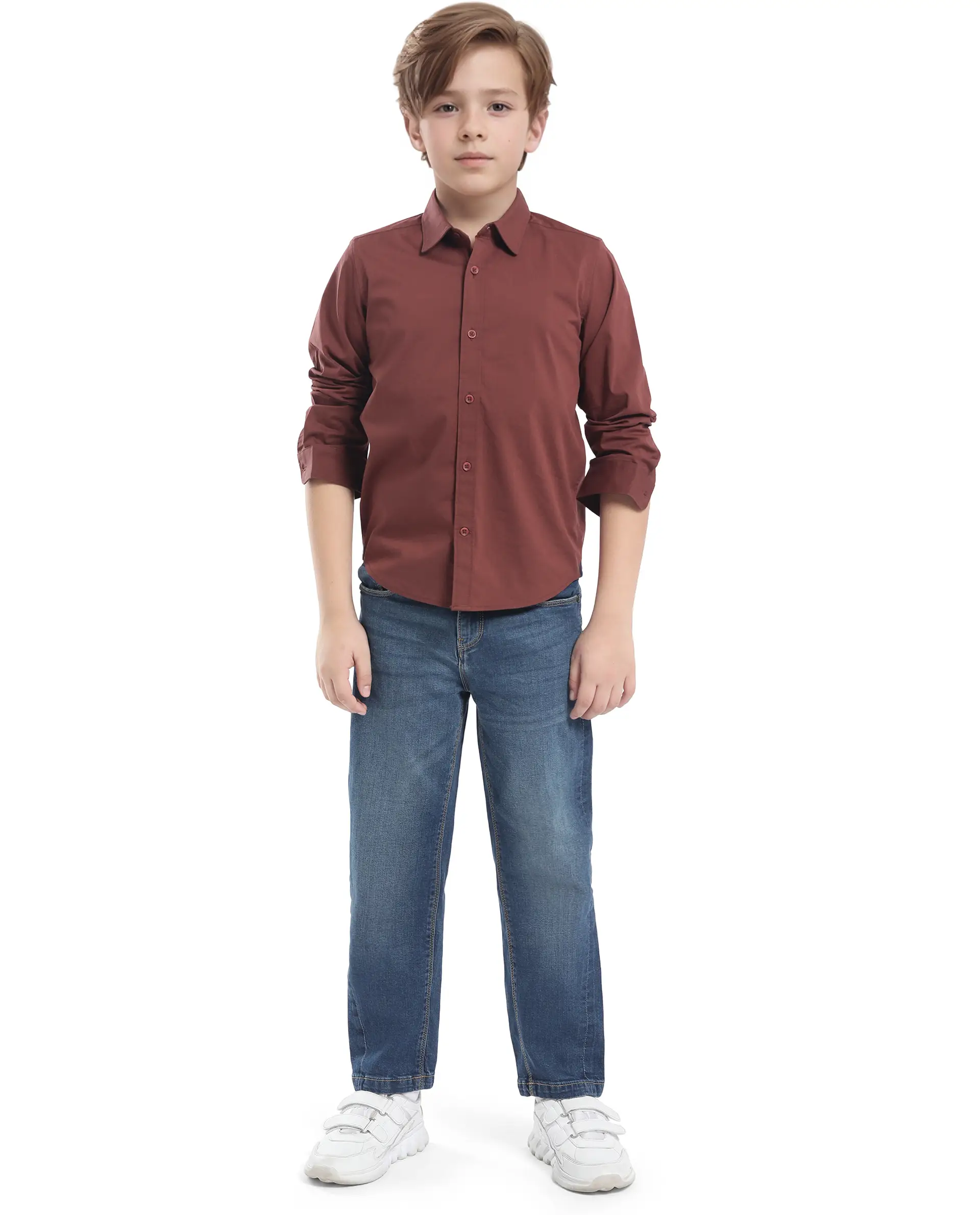 Rare Ones Kids Beno Rust Cotton Blend Full Sleeve Button Solid Regular Fit Shirt - Image 3