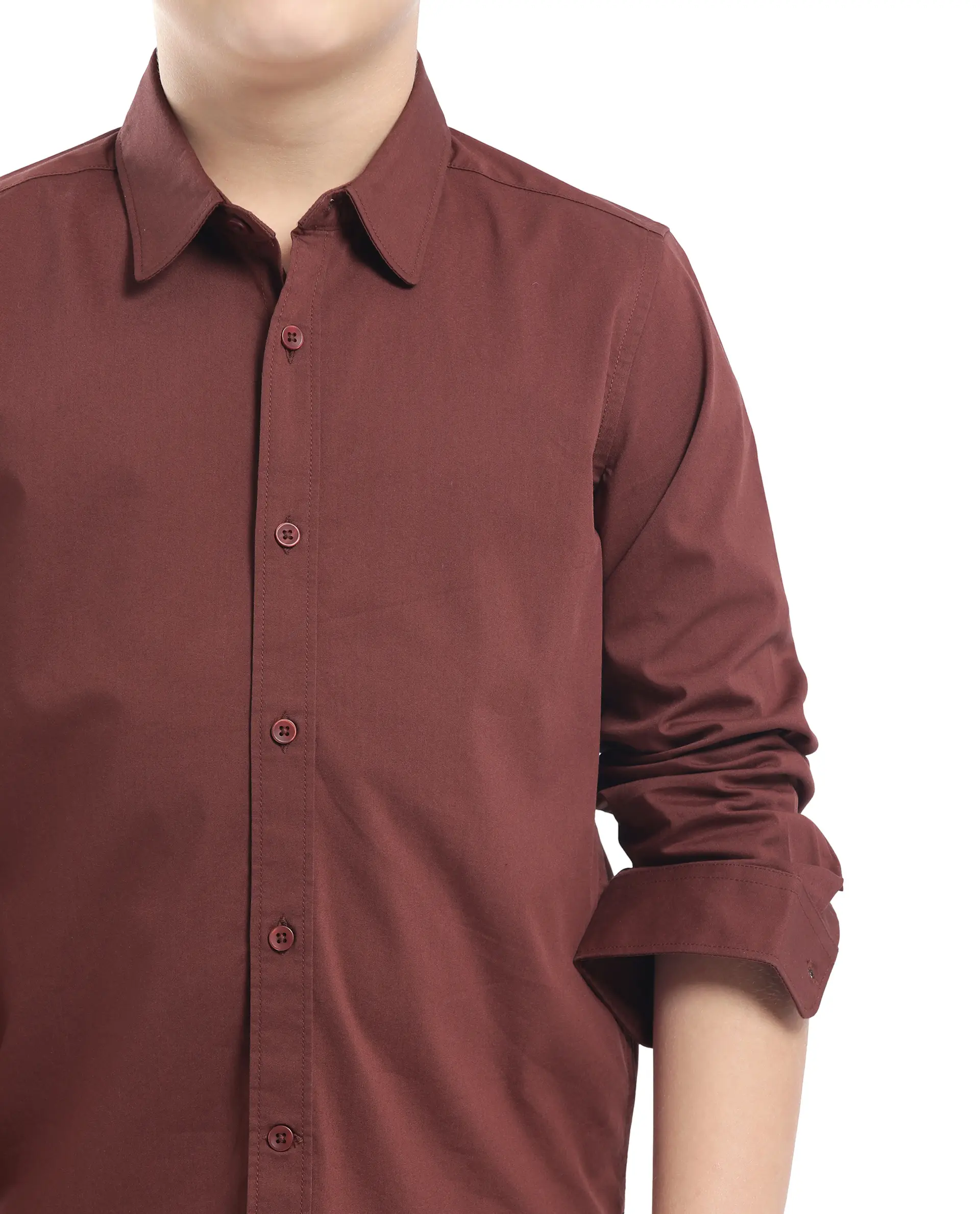 Rare Ones Kids Beno Rust Cotton Blend Full Sleeve Button Solid Regular Fit Shirt - Image 5