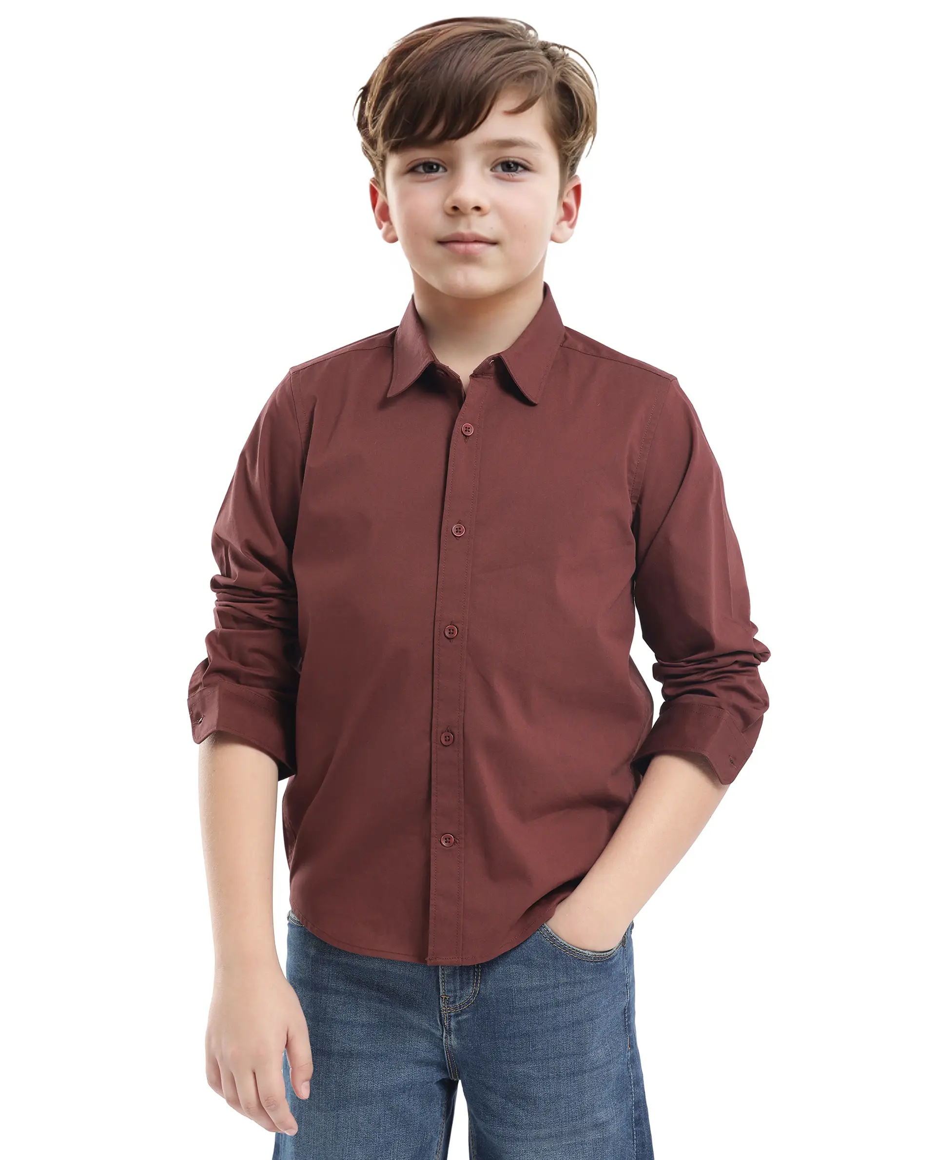 Rare Ones Kids Beno Rust Cotton Blend Full Sleeve Button Solid Regular Fit Shirt - Image 6