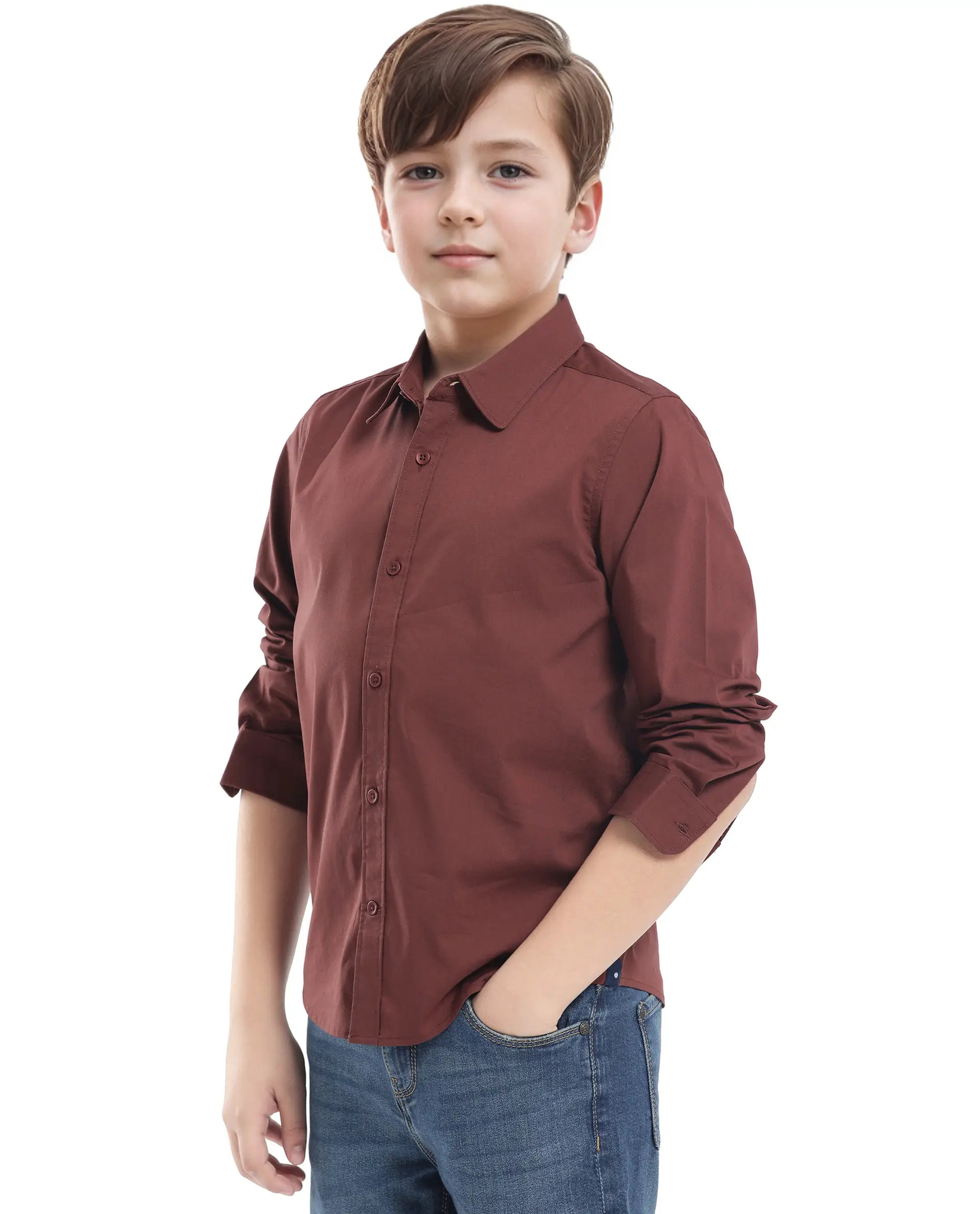 Rare Ones Kids Beno Rust Cotton Blend Full Sleeve Button Solid Regular Fit Shirt - Image 7
