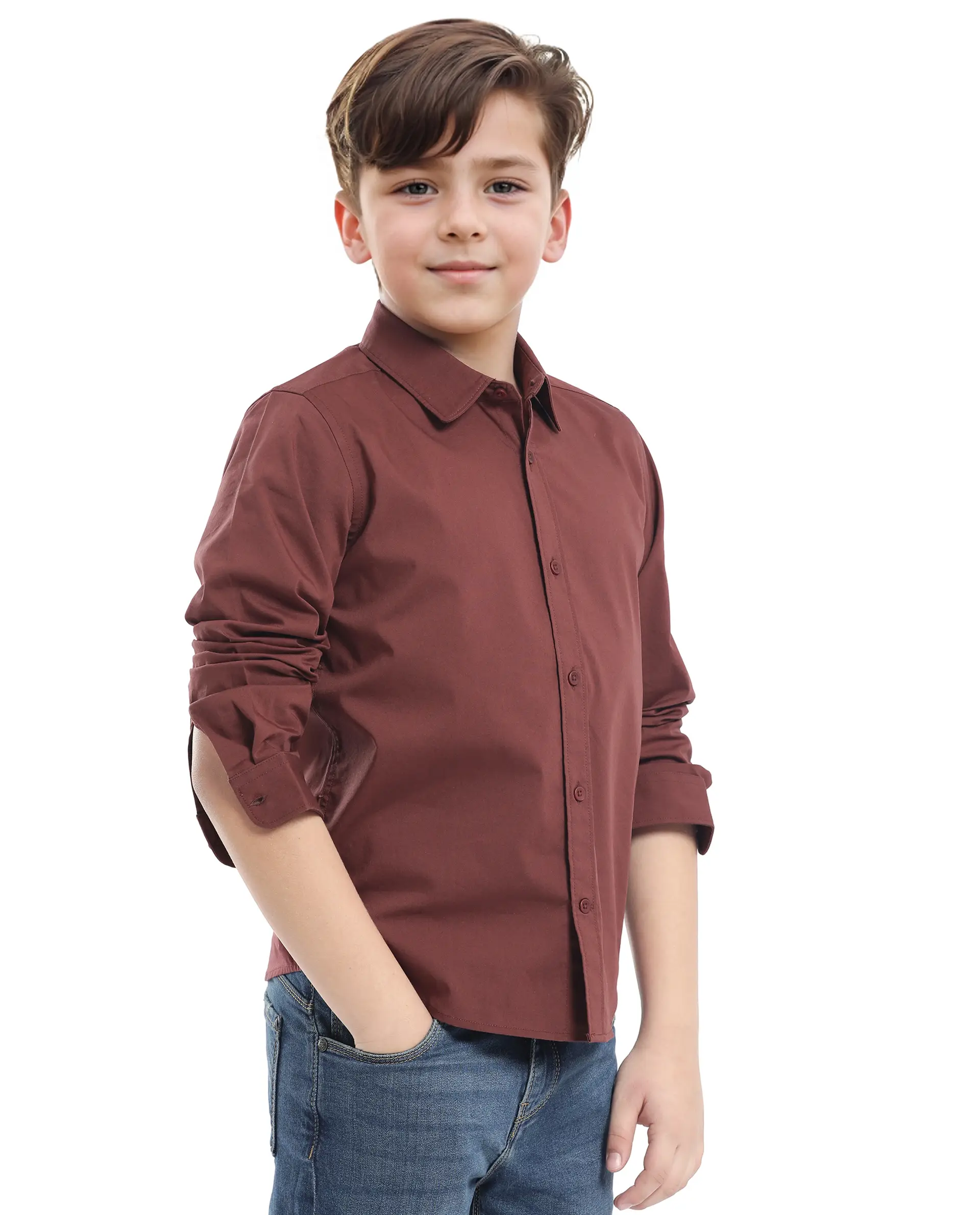 Rare Ones Kids Beno Rust Cotton Blend Full Sleeve Button Solid Regular Fit Shirt - Image 8