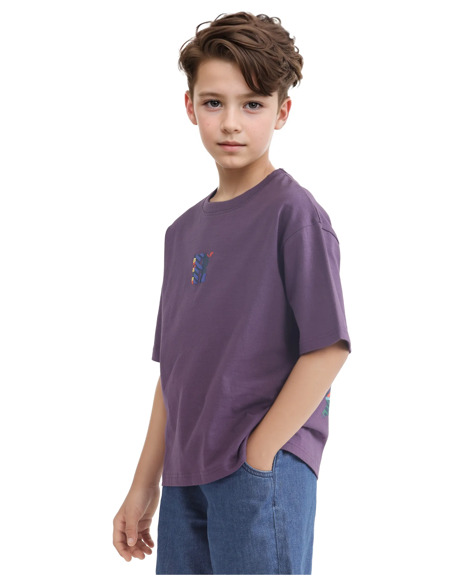 Rare Ones Kids Bjorn-K Dark Purple Cotton Half Sleeve Slip-On Printed Boxy Fit T-Shirt - Image 7