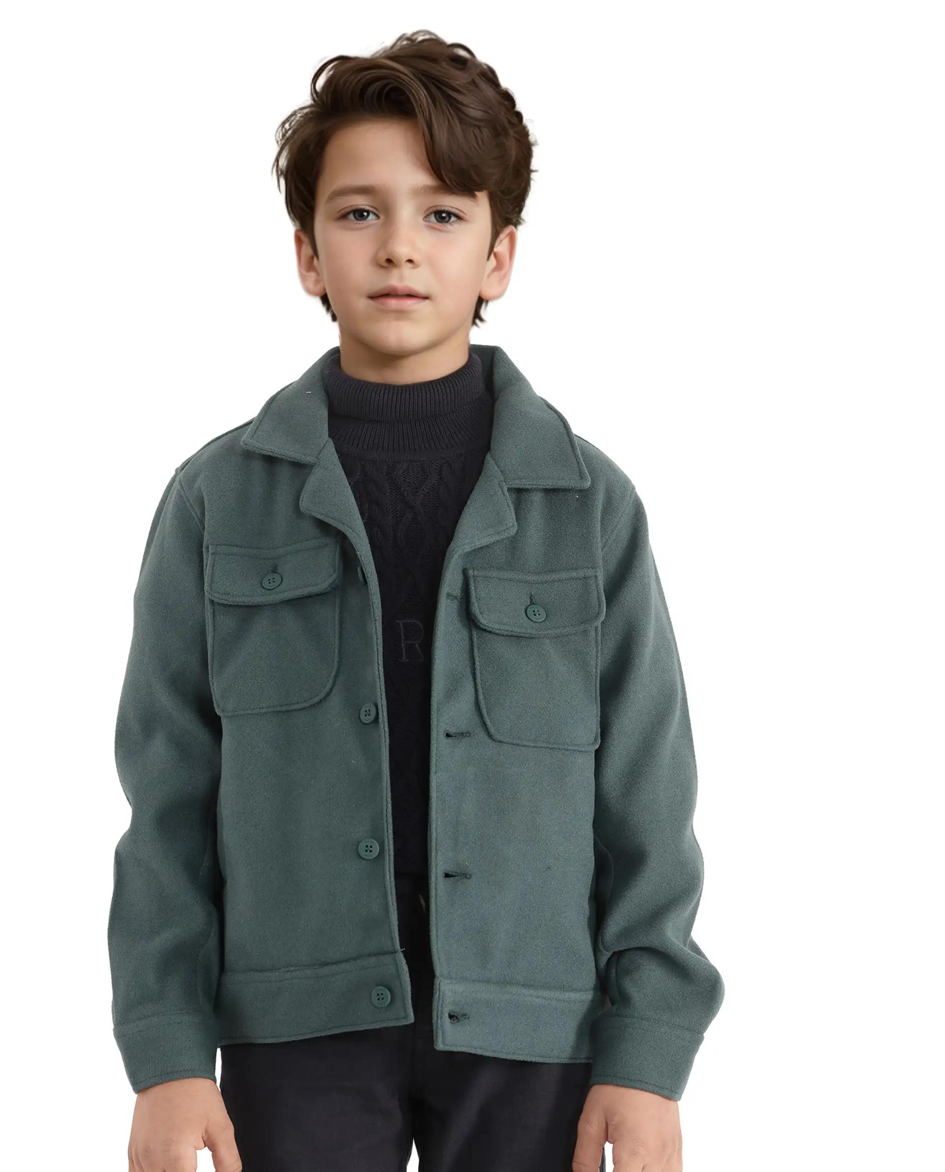 Rare Ones Kids Bochin Teal Button Closure Lapel Neck Full Sleeve Jacket - Image 3