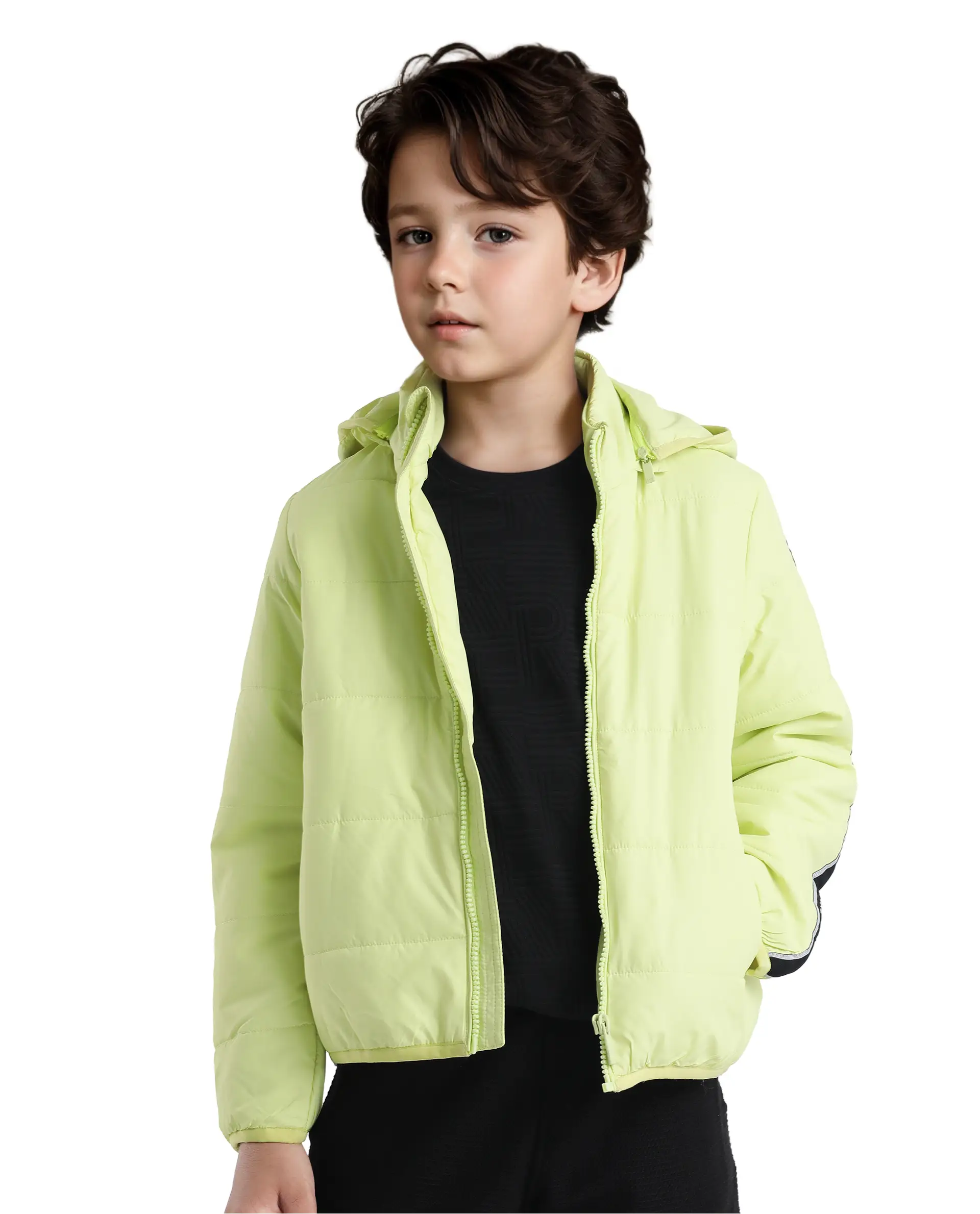 Rare Ones Kids Bolin Flouroscent Green Polyester Full Sleeve Hooded Solid Jacket - Image 4