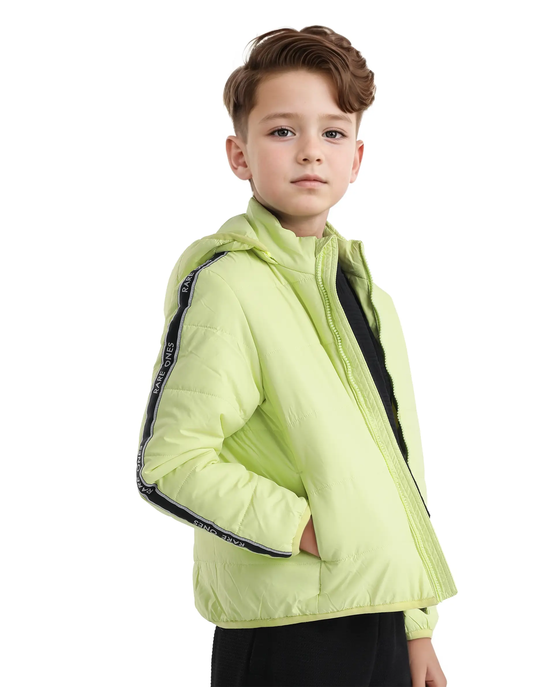Rare Ones Kids Bolin Flouroscent Green Polyester Full Sleeve Hooded Solid Jacket - Image 6