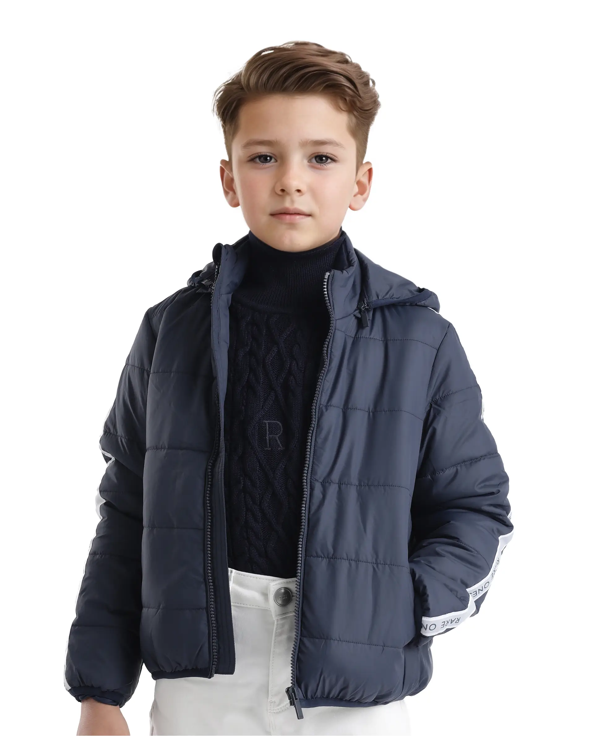 Rare Ones Kids Bolin Navy Polyester Full Sleeve Hooded Solid Jacket - Image 3