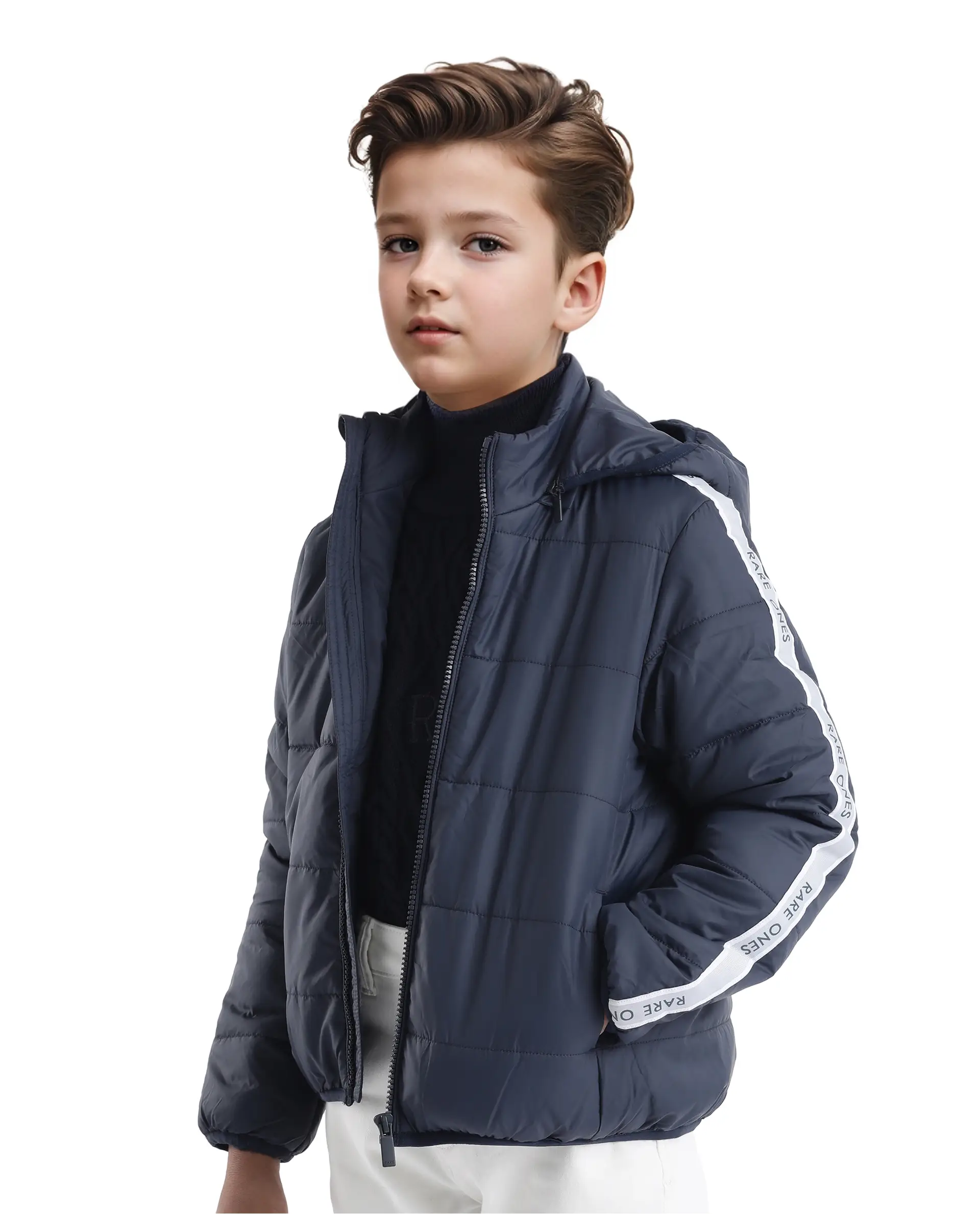 Rare Ones Kids Bolin Navy Polyester Full Sleeve Hooded Solid Jacket - Image 4