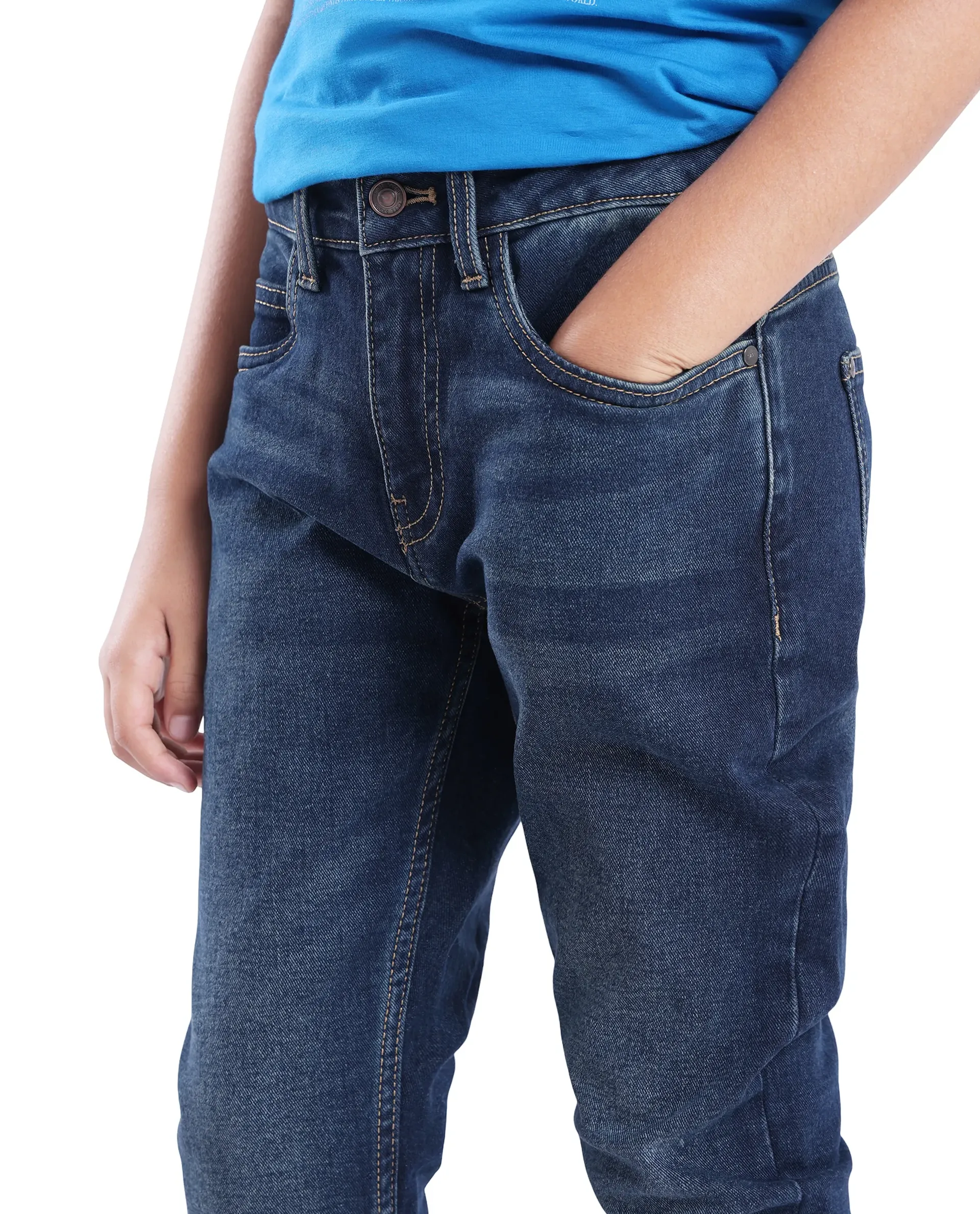 Rare Ones Kids Bram Dark Blue Cotton Solid Button And Zip Closure Slim Fit Jeans - Image 2
