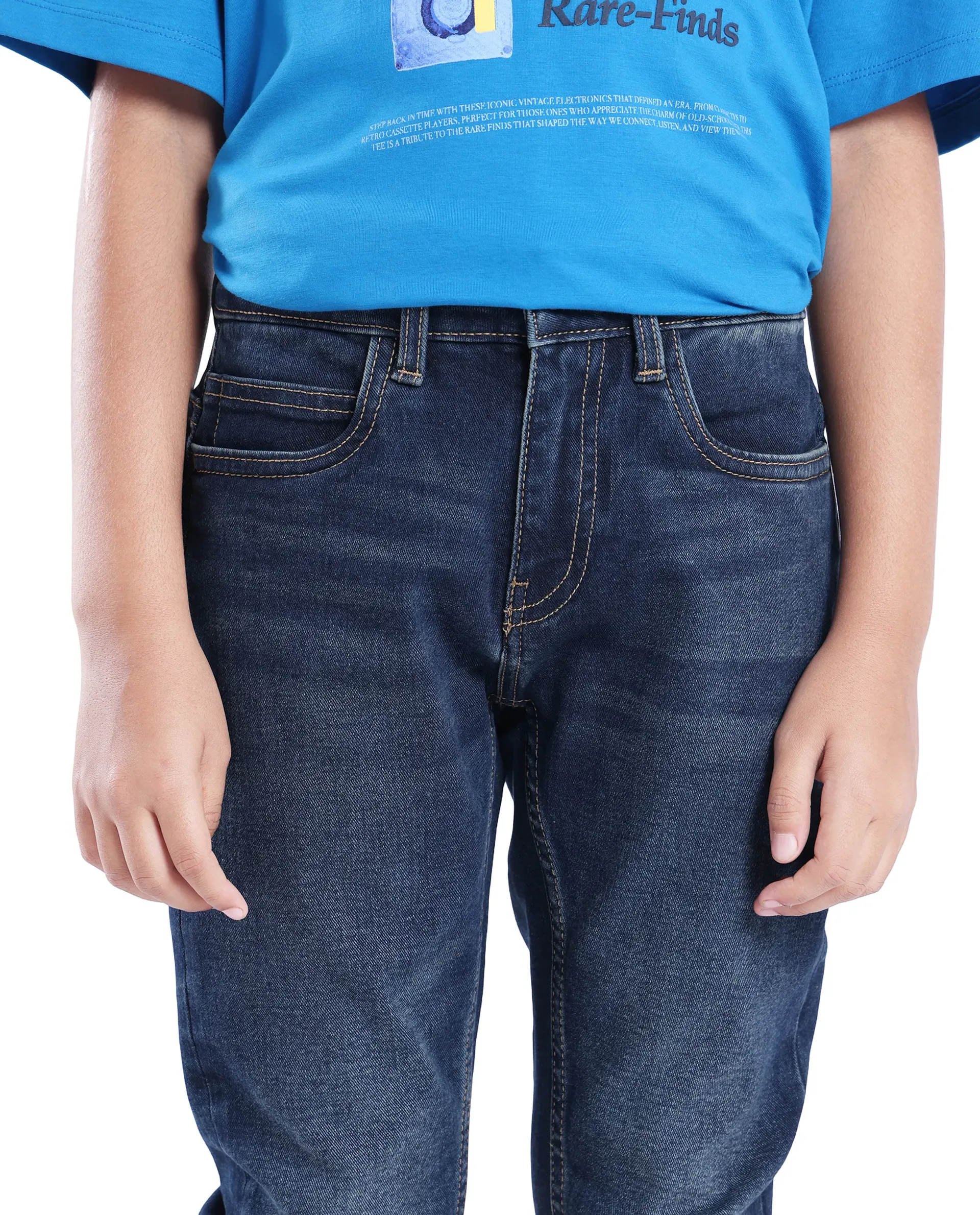 Rare Ones Kids Bram Dark Blue Cotton Solid Button And Zip Closure Slim Fit Jeans - Image 3
