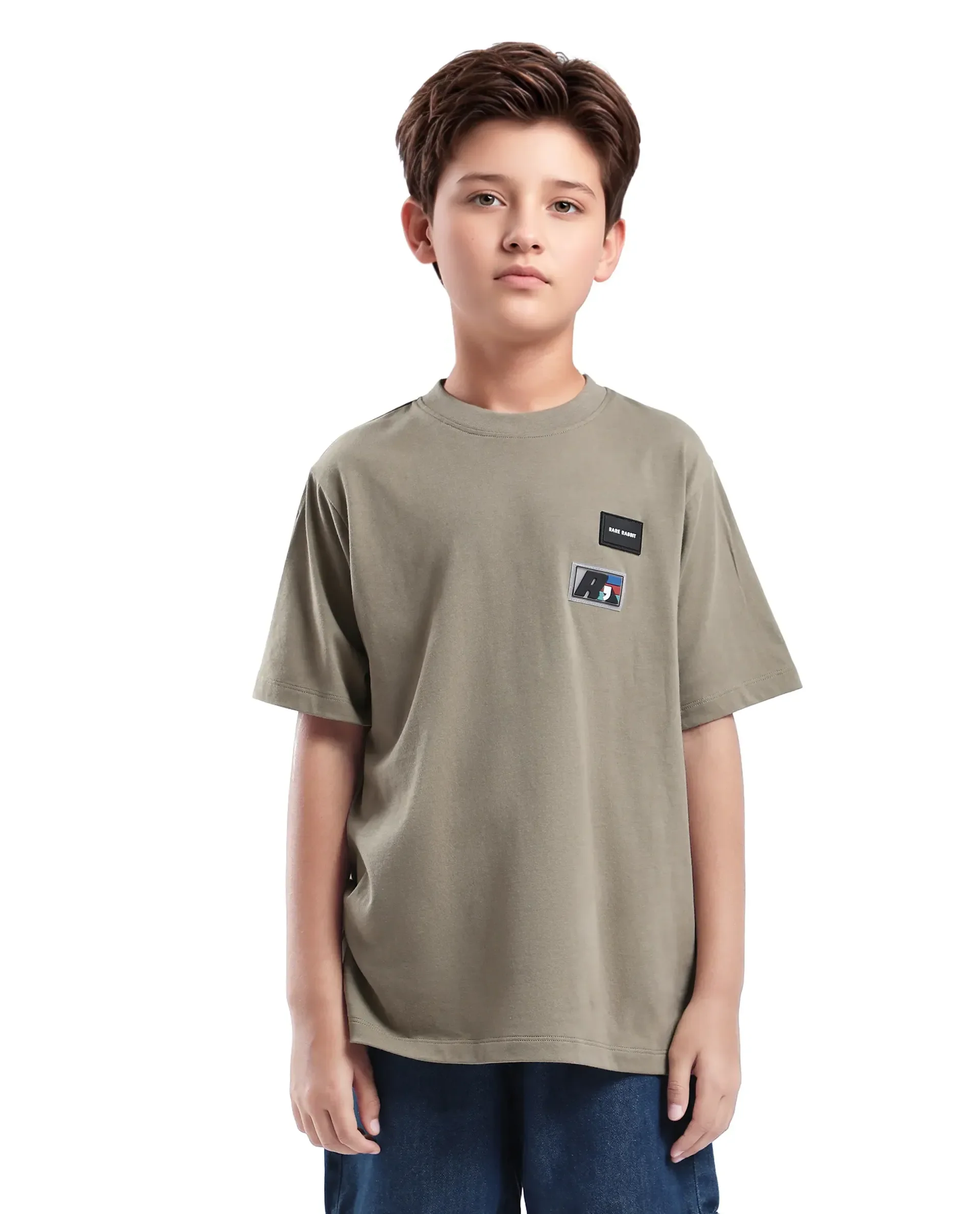Rare Ones Kids Braun Dusky Green Cotton Solid Slip-On Regular Fit T-Shirt - Image 3