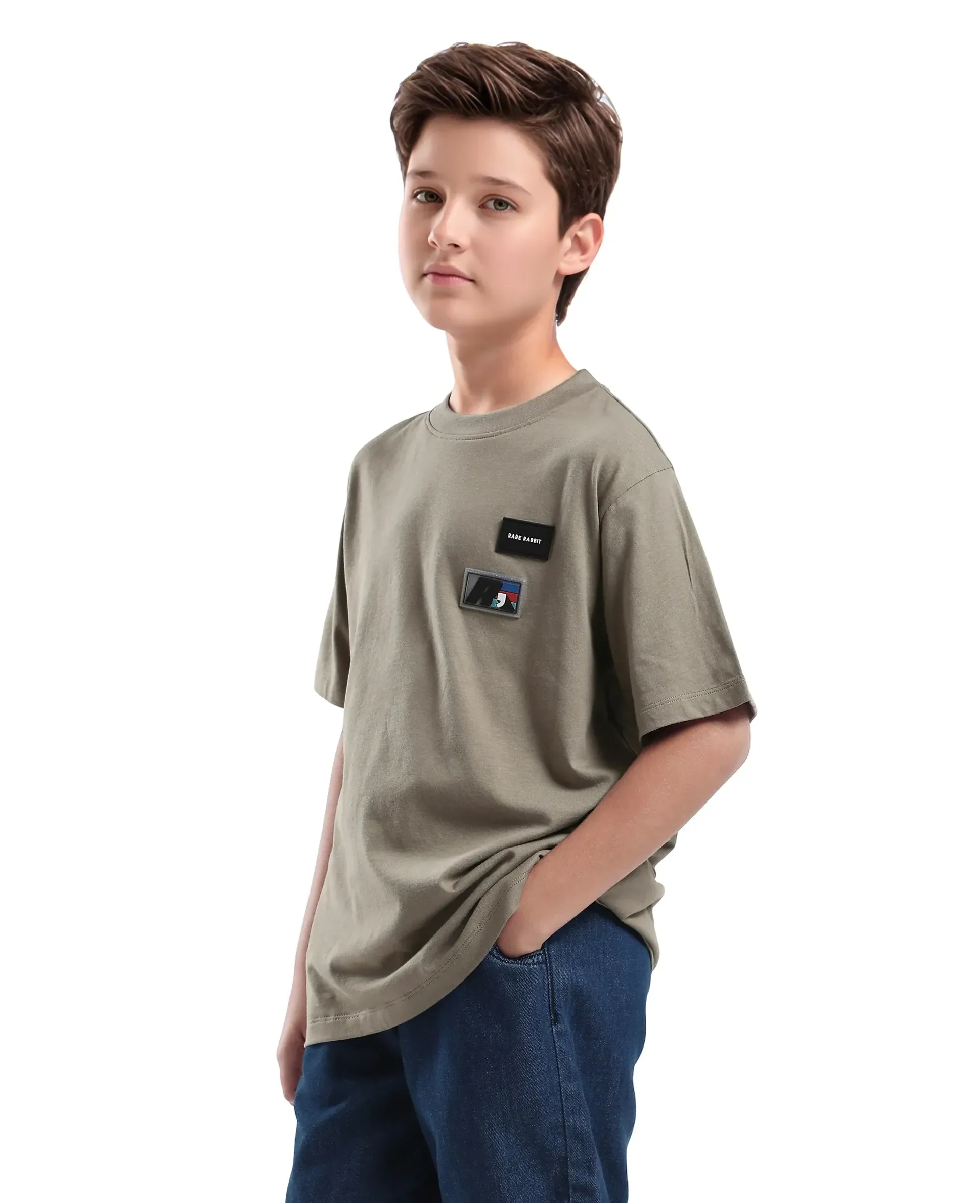 Rare Ones Kids Braun Dusky Green Cotton Solid Slip-On Regular Fit T-Shirt - Image 5