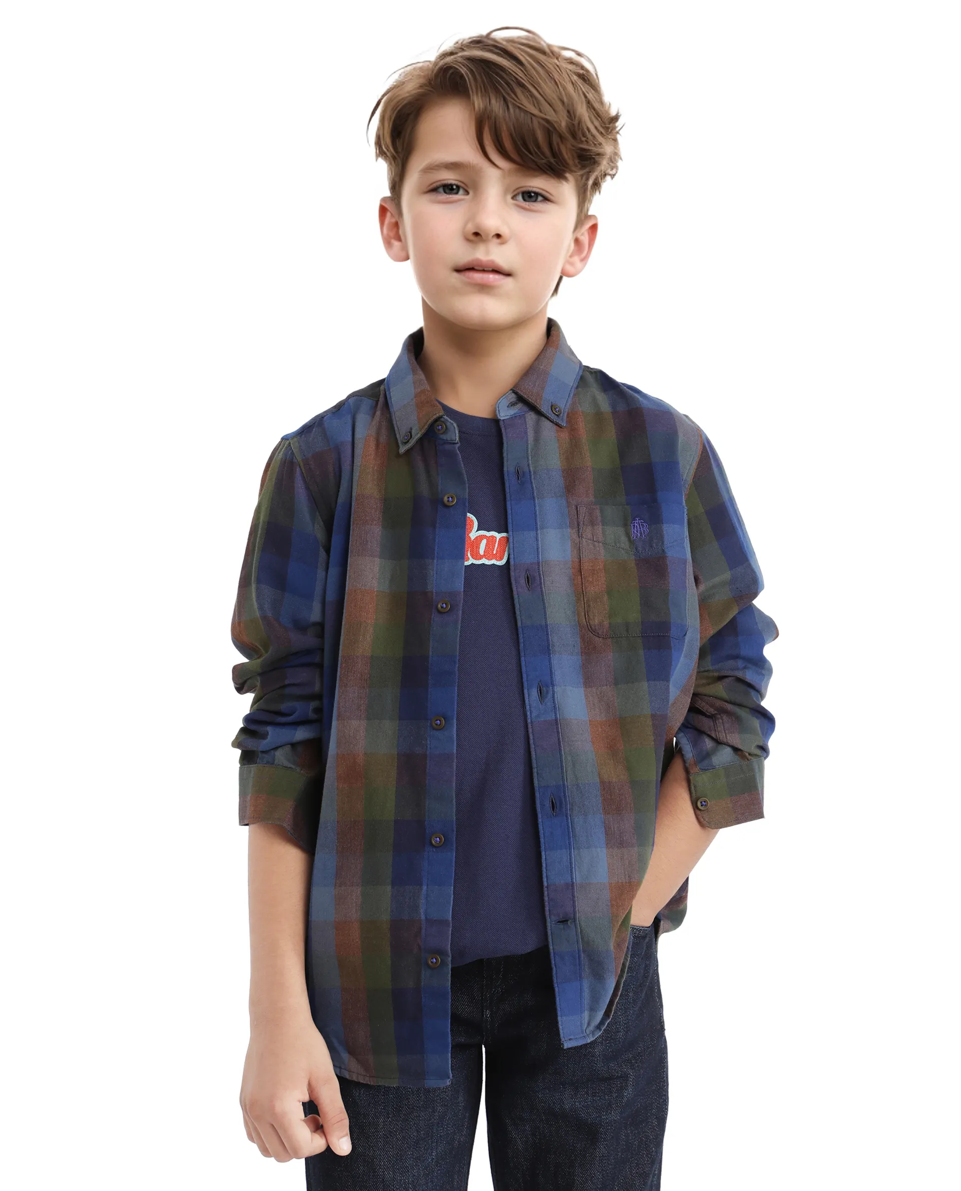 Rare Ones Kids Cal Blue Cotton Poly Full Sleeve Button Down Checked Shirt