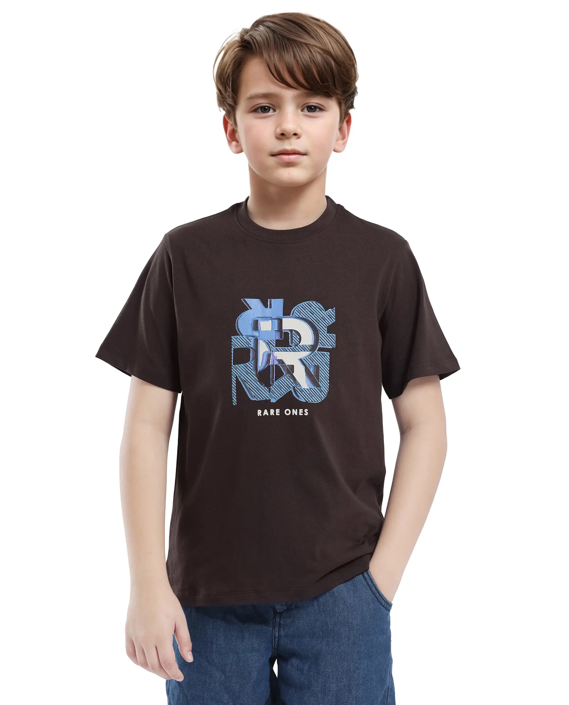 Rare Ones Kids Caleb-K Dark Brown Cotton Blend Half Sleeve Slip-On Printed Regular Fit T-Shirt - Image 5