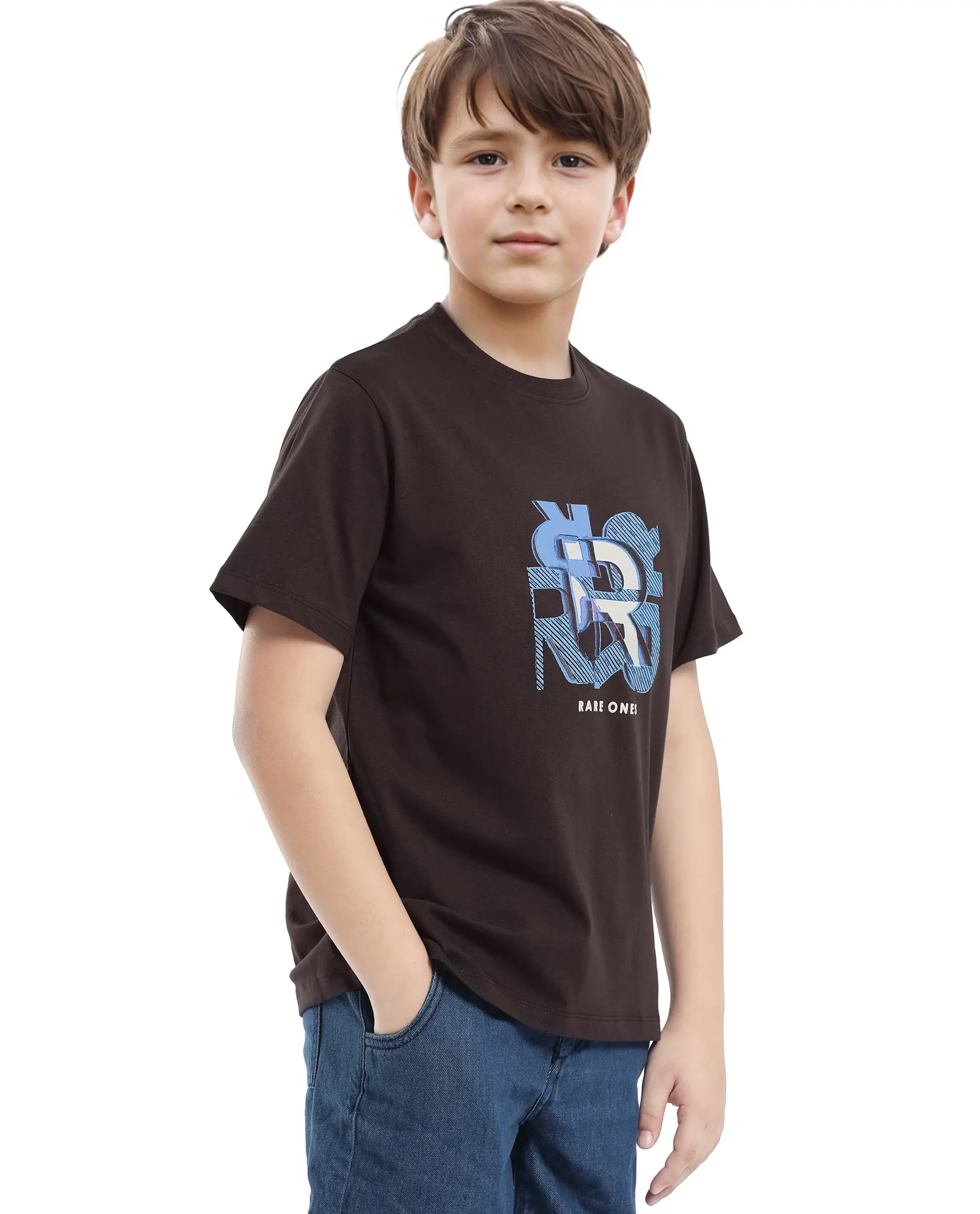 Rare Ones Kids Caleb-K Dark Brown Cotton Blend Half Sleeve Slip-On Printed Regular Fit T-Shirt - Image 7