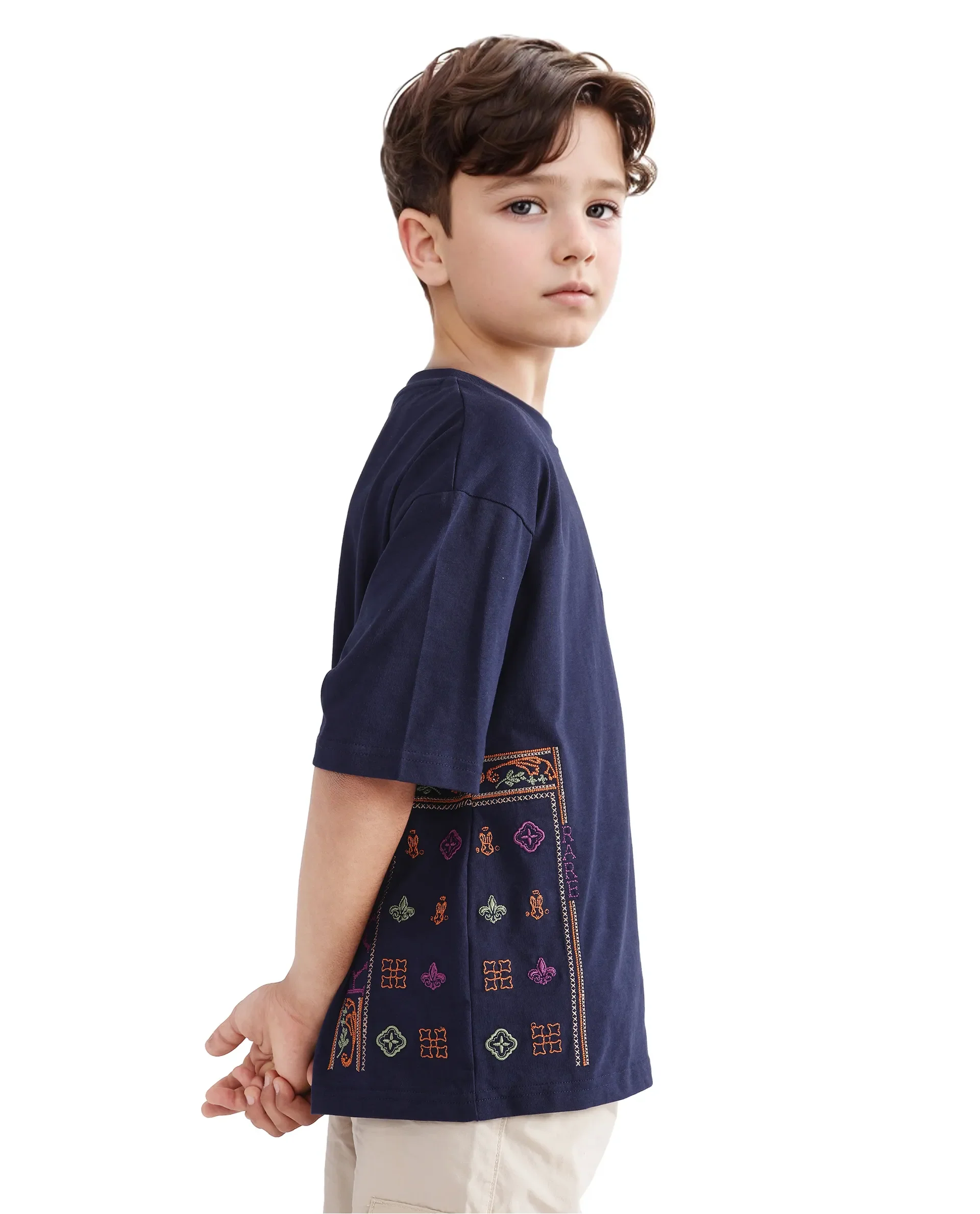 Rare Ones Kids Carn Navy Cotton Short Sleeve Embroidered Boxy Fit T-Shirt - Image 4