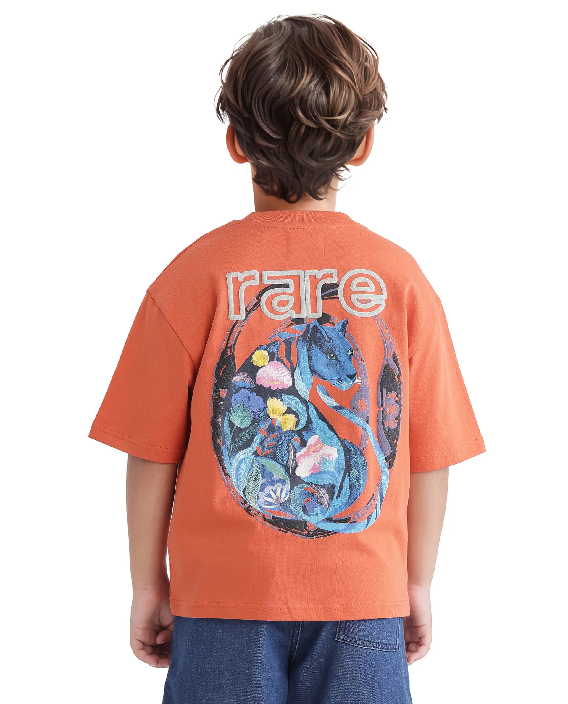 Rare Ones Kids Cato-K Orange Cotton Half Sleeve Slip-On Printed Boxy Fit T-Shirt - Image 10