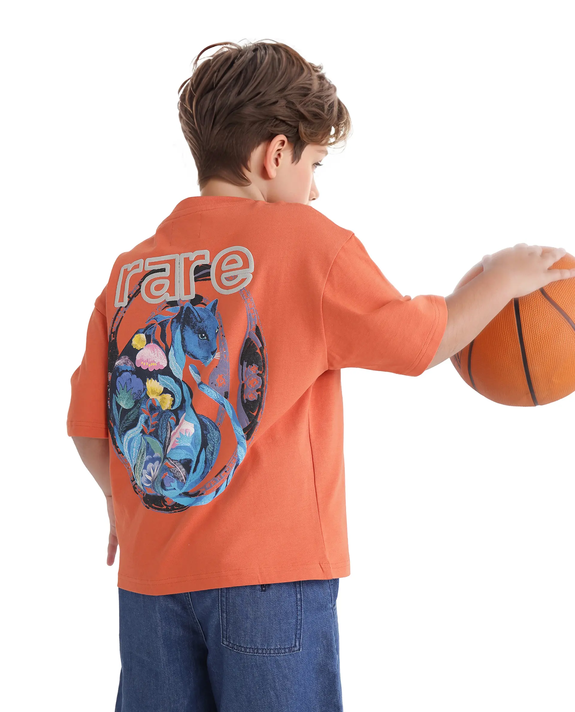 Rare Ones Kids Cato-K Orange Cotton Half Sleeve Slip-On Printed Boxy Fit T-Shirt - Image 2