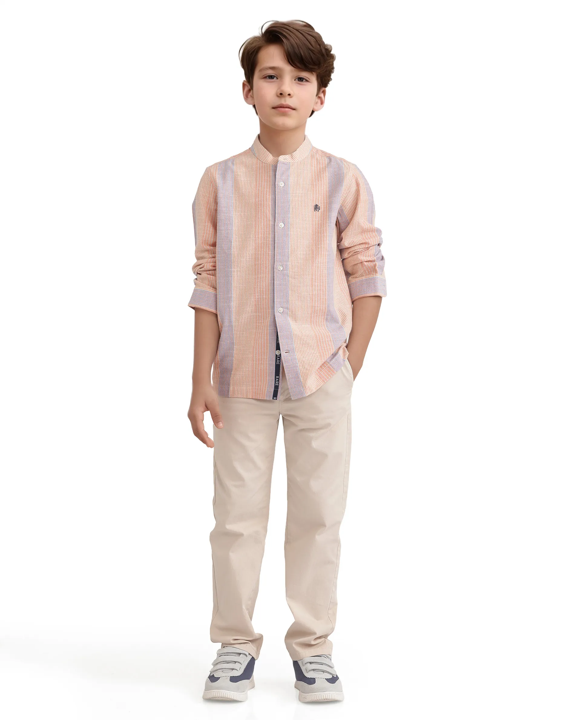 Rare Ones Kids Cazac Light Orange Cotton Full Sleeve Mandarin Collar Striped Shirt - Image 2
