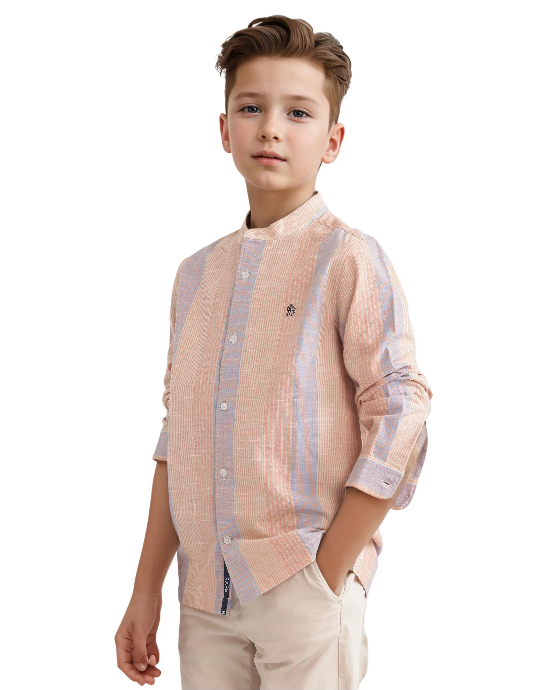 Rare Ones Kids Cazac Light Orange Cotton Full Sleeve Mandarin Collar Striped Shirt - Image 7