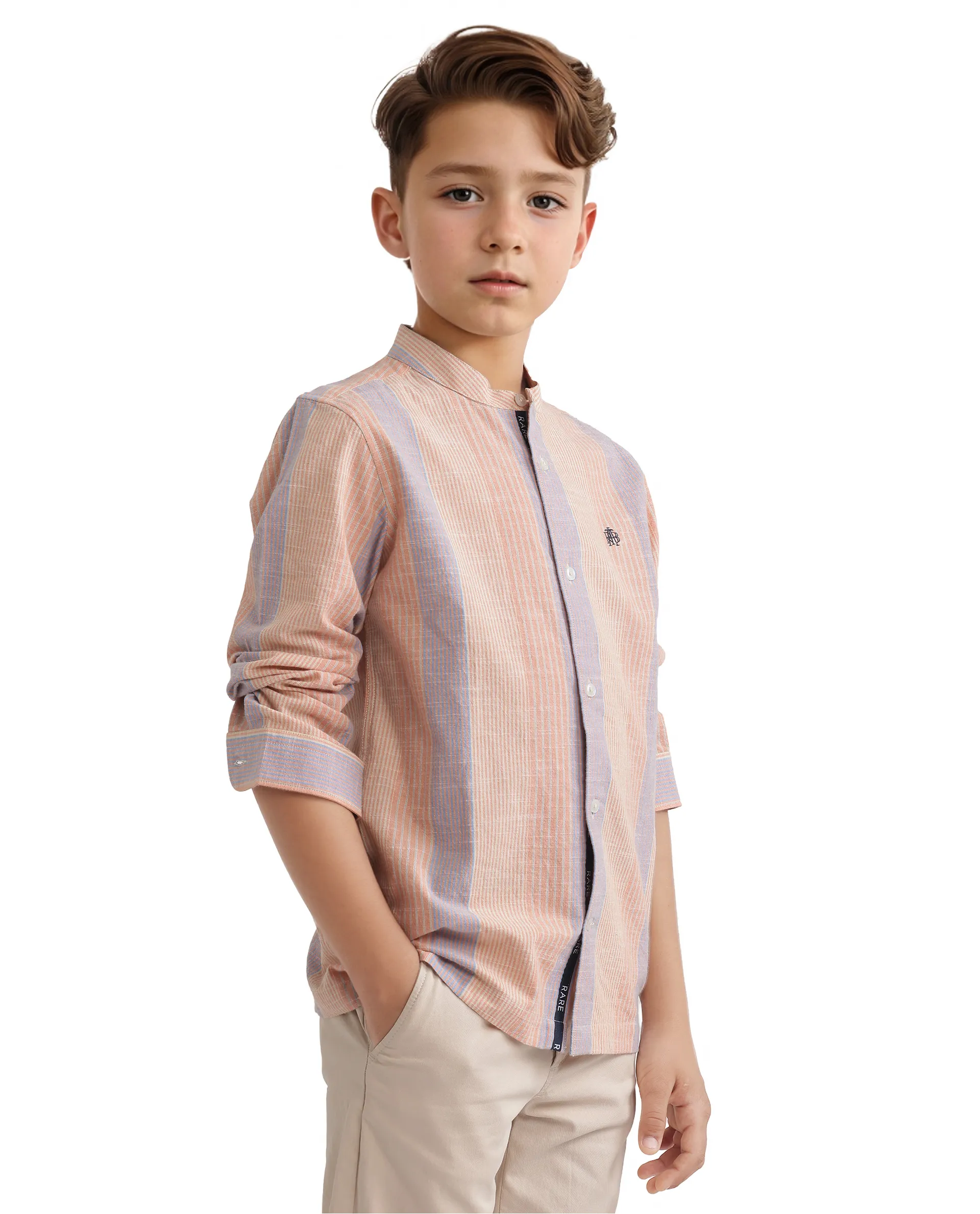 Rare Ones Kids Cazac Light Orange Cotton Full Sleeve Mandarin Collar Striped Shirt - Image 8