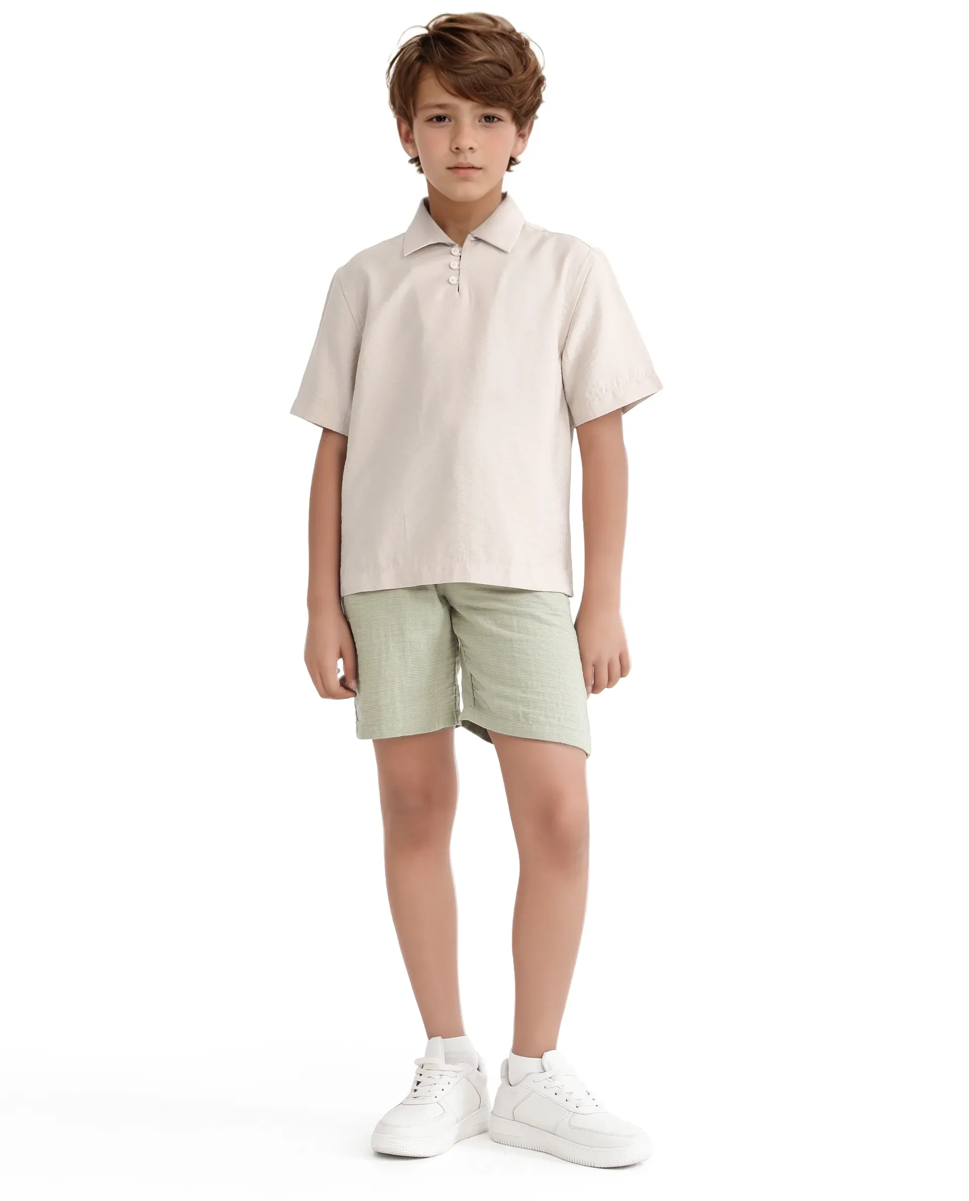 Rare Ones Kids Chad Beige Viscose Blend Half Sleeve Button Solid Regular Fit Shirt - Image 5