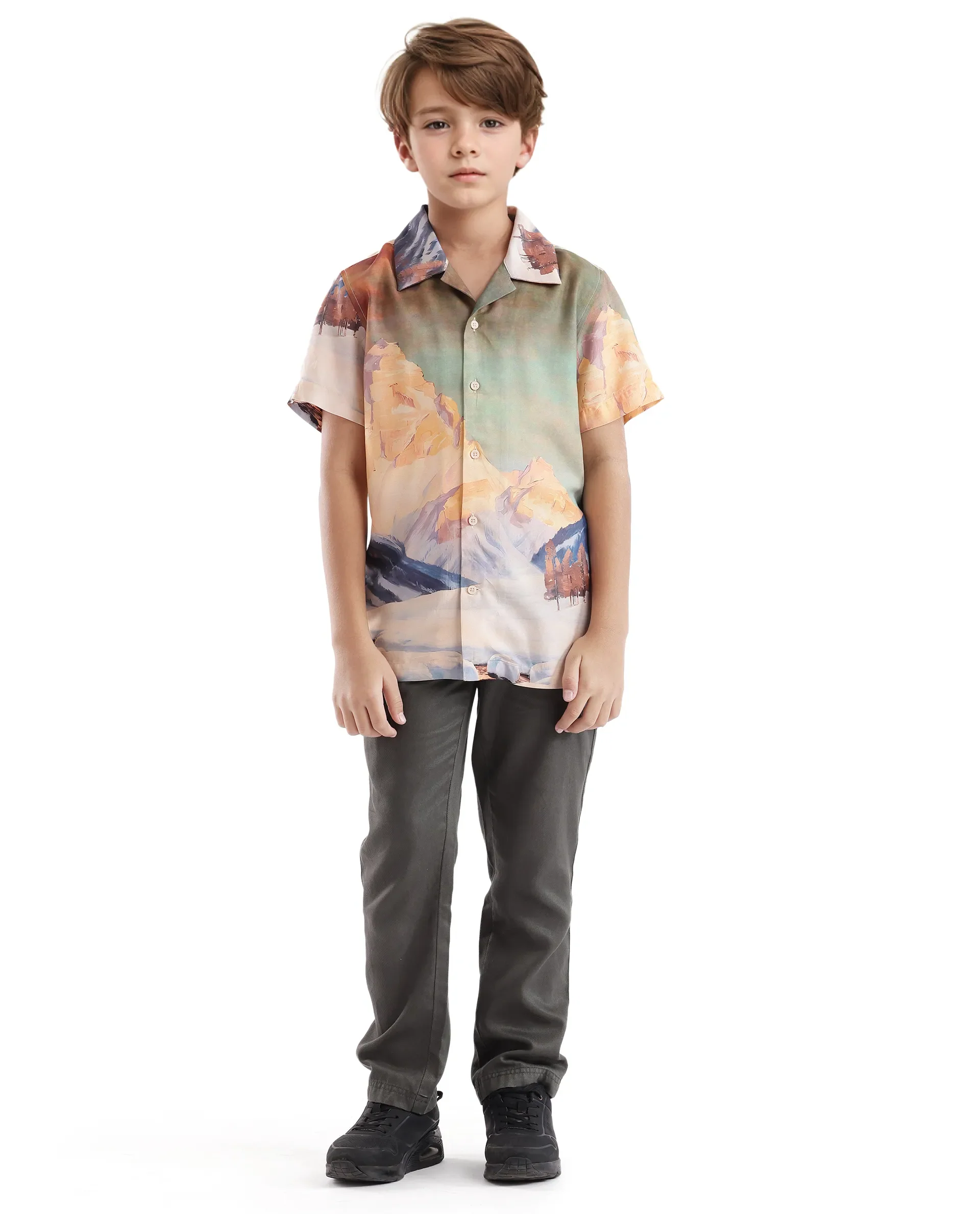Rare Ones Kids Chilo Light Orange Viscose Full Sleeve Cuban Collar Placement Print Shirt - Image 2
