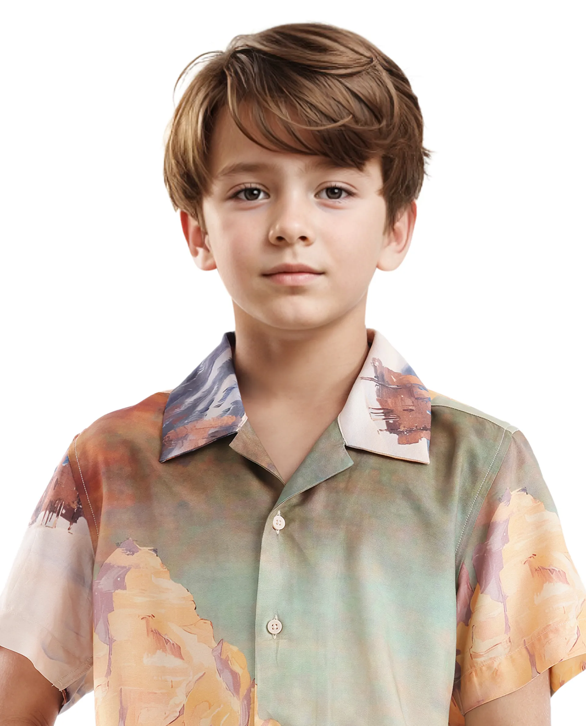 Rare Ones Kids Chilo Light Orange Viscose Full Sleeve Cuban Collar Placement Print Shirt - Image 5