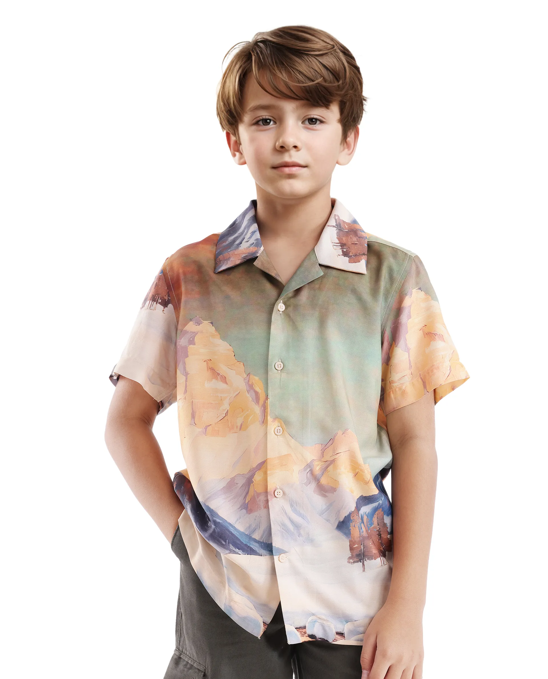 Rare Ones Kids Chilo Light Orange Viscose Full Sleeve Cuban Collar Placement Print Shirt - Image 6