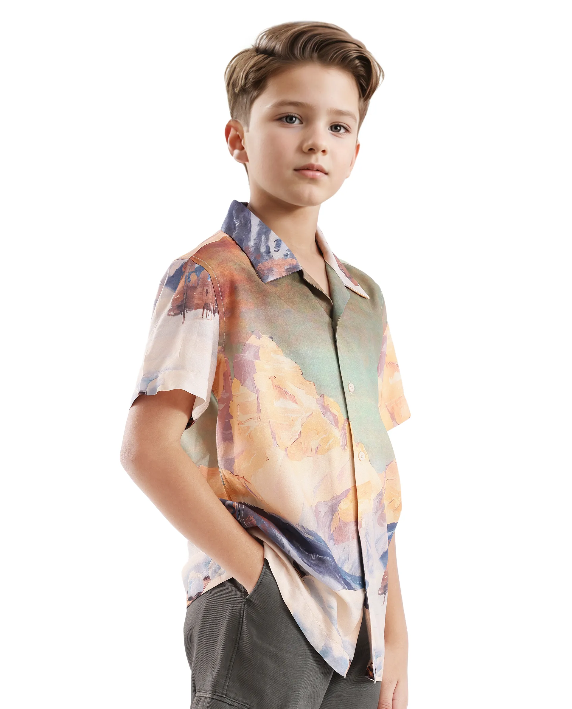 Rare Ones Kids Chilo Light Orange Viscose Full Sleeve Cuban Collar Placement Print Shirt - Image 7
