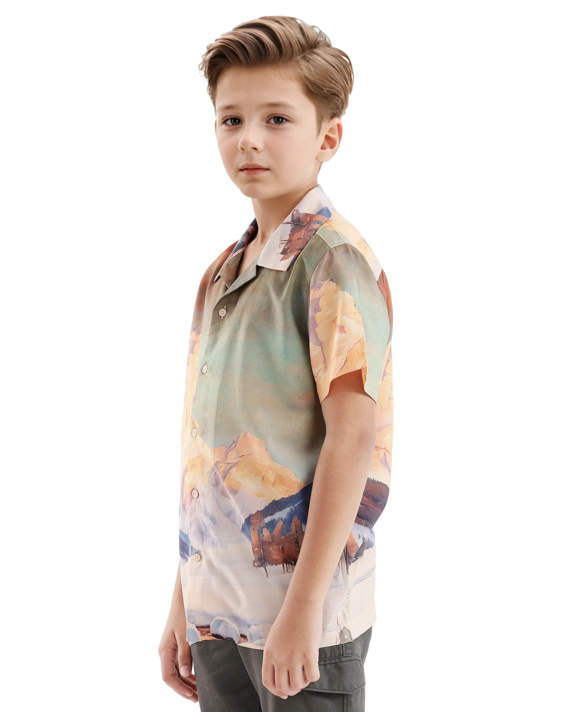 Rare Ones Kids Chilo Light Orange Viscose Full Sleeve Cuban Collar Placement Print Shirt - Image 8