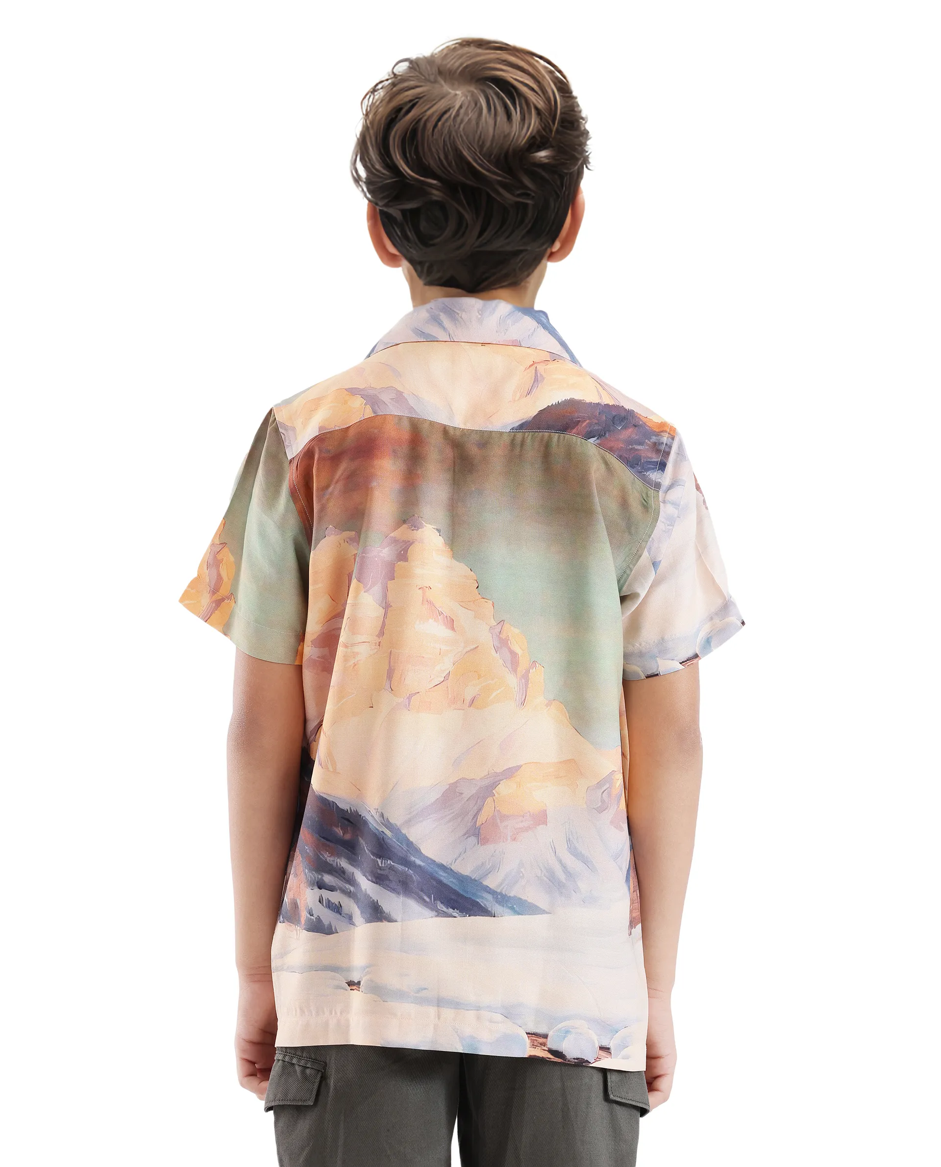 Rare Ones Kids Chilo Light Orange Viscose Full Sleeve Cuban Collar Placement Print Shirt - Image 9