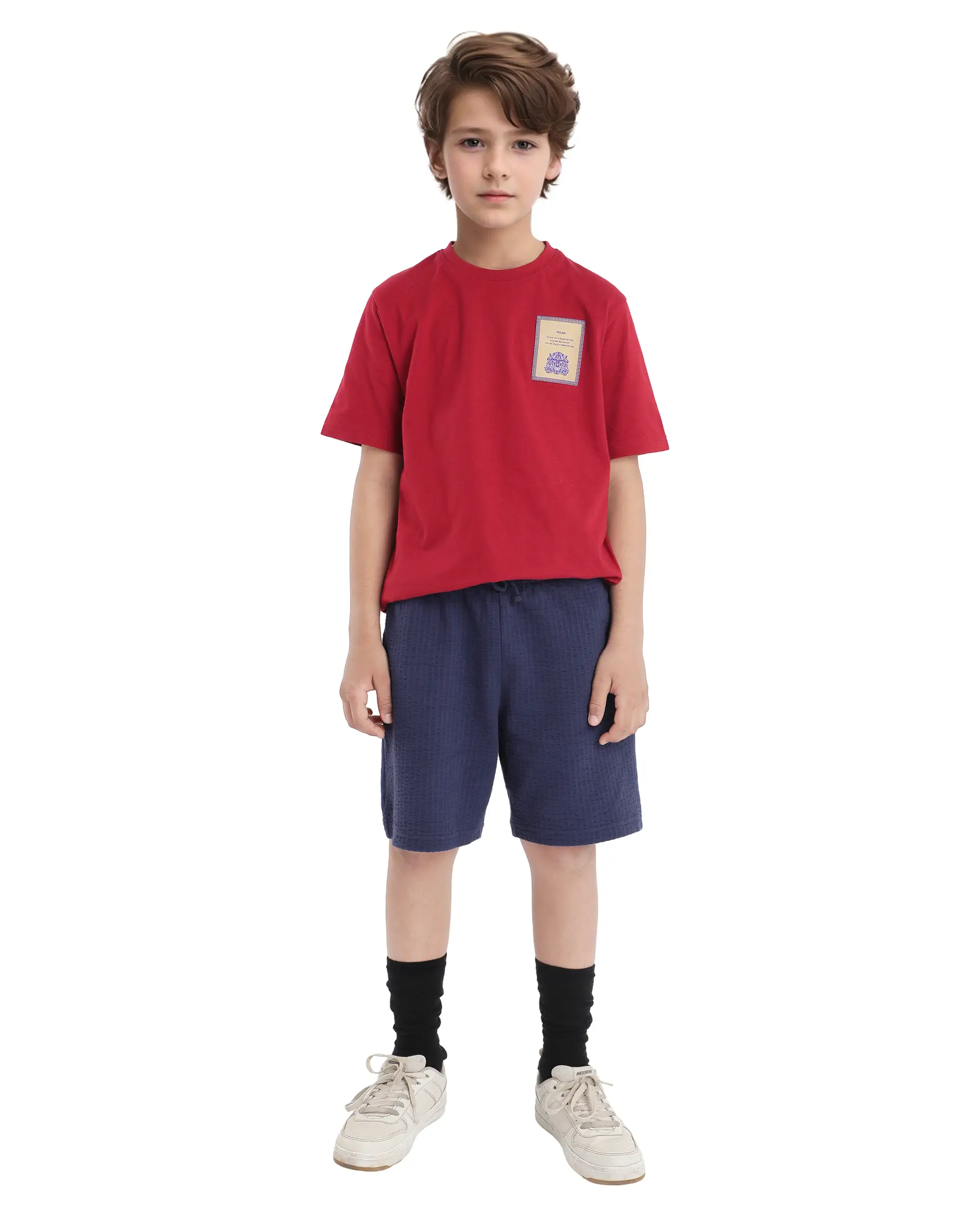Rare Ones Kids Citz Dark Red Cotton Short Sleeve Crew Neck Applique Details Solid Ribbed T-Shirt - Image 2