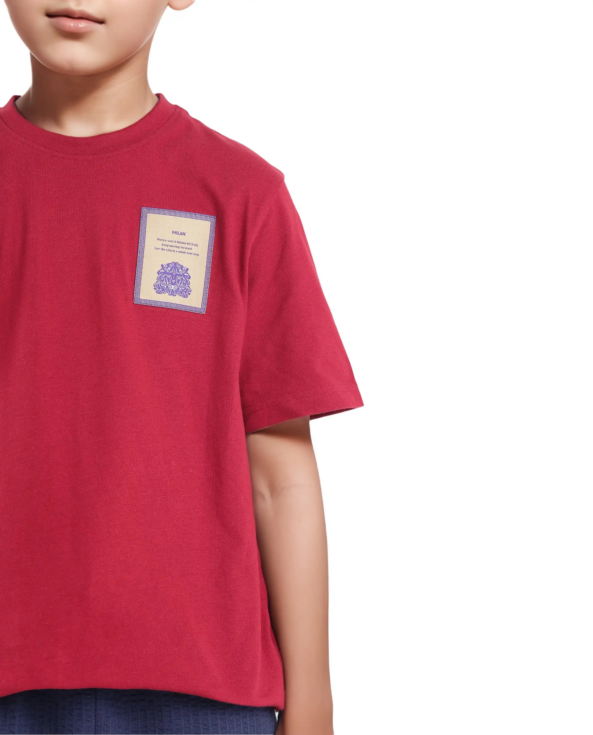 Rare Ones Kids Citz Dark Red Cotton Short Sleeve Crew Neck Applique Details Solid Ribbed T-Shirt - Image 4