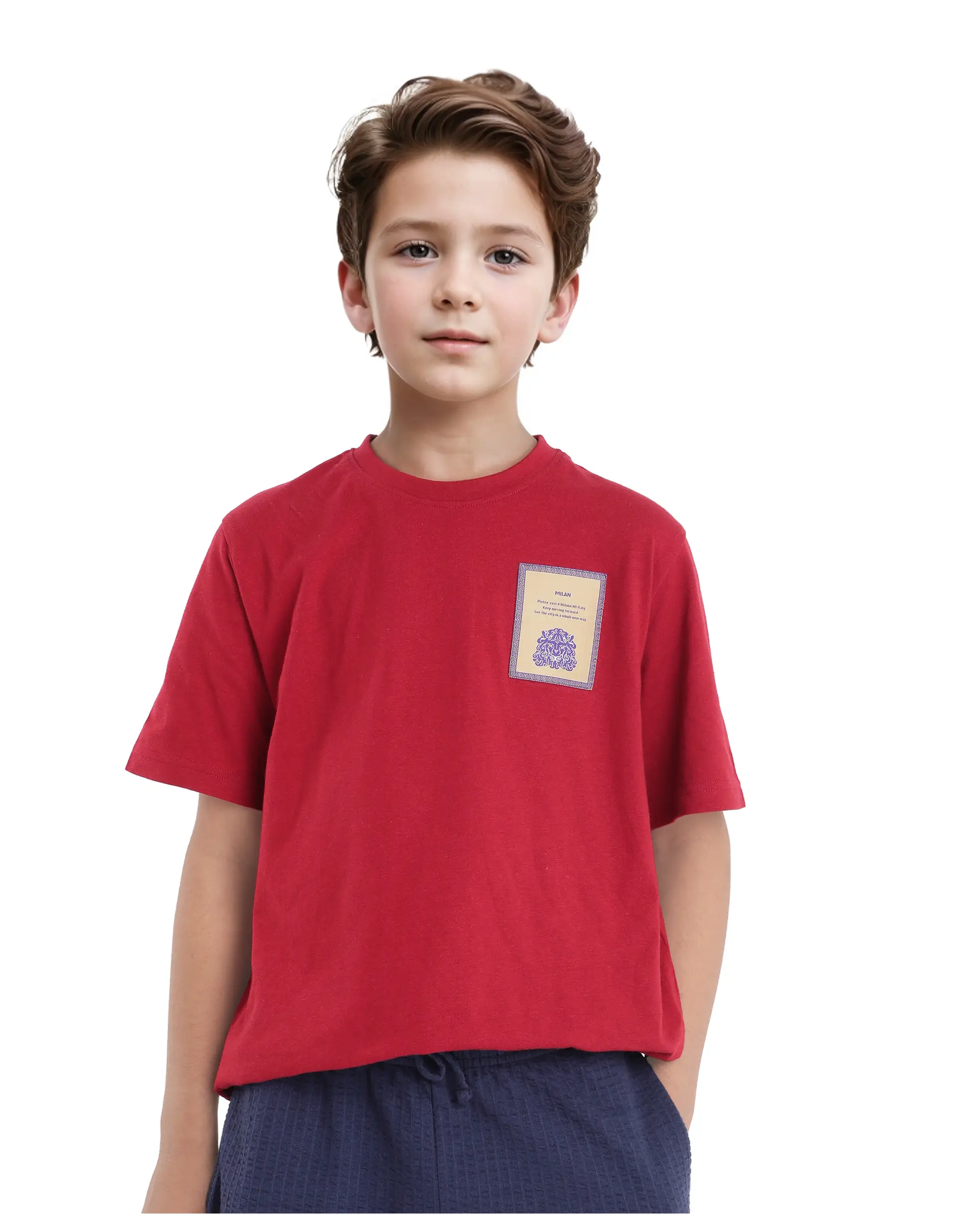 Rare Ones Kids Citz Dark Red Cotton Short Sleeve Crew Neck Applique Details Solid Ribbed T-Shirt - Image 6