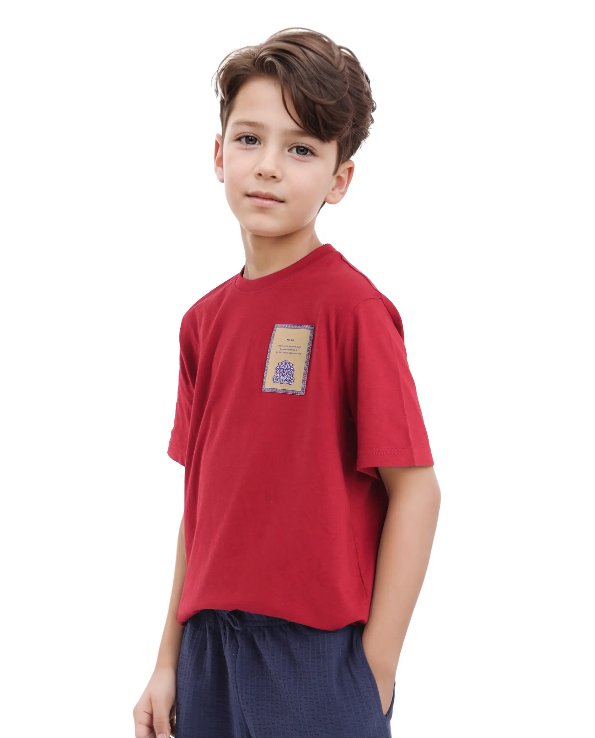 Rare Ones Kids Citz Dark Red Cotton Short Sleeve Crew Neck Applique Details Solid Ribbed T-Shirt - Image 7