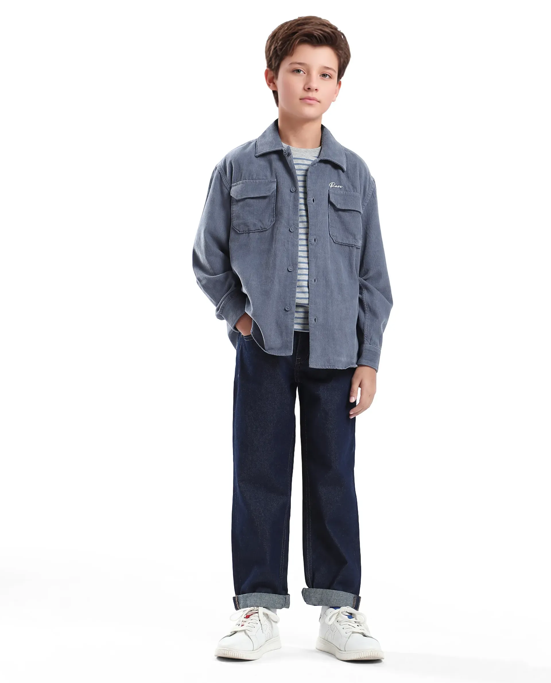 Rare Ones Kids Cord Grey Cotton Full Sleeve Button Embroidered Regular Fit Shirt - Image 2