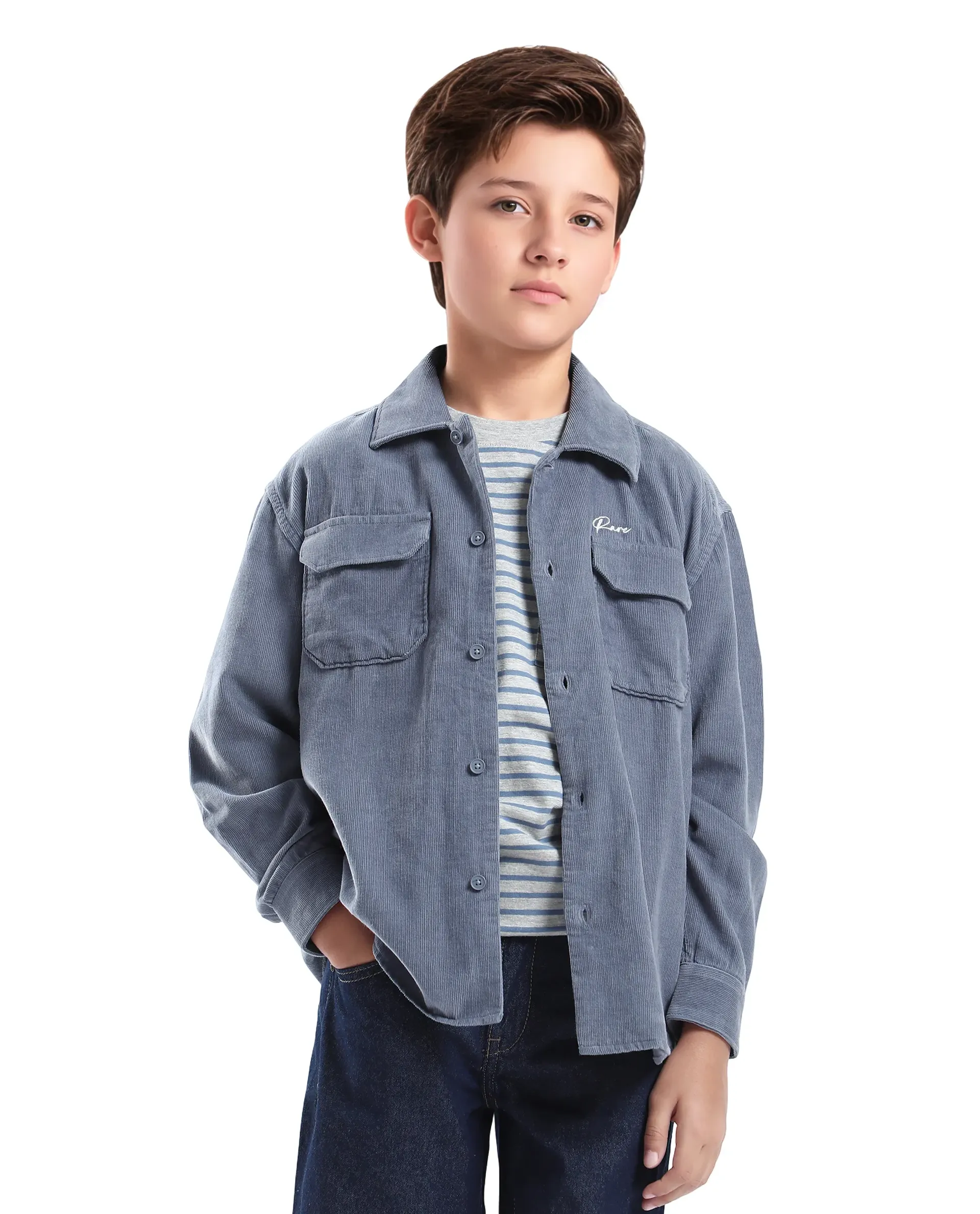 Rare Ones Kids Cord Grey Cotton Full Sleeve Button Embroidered Regular Fit Shirt - Image 3