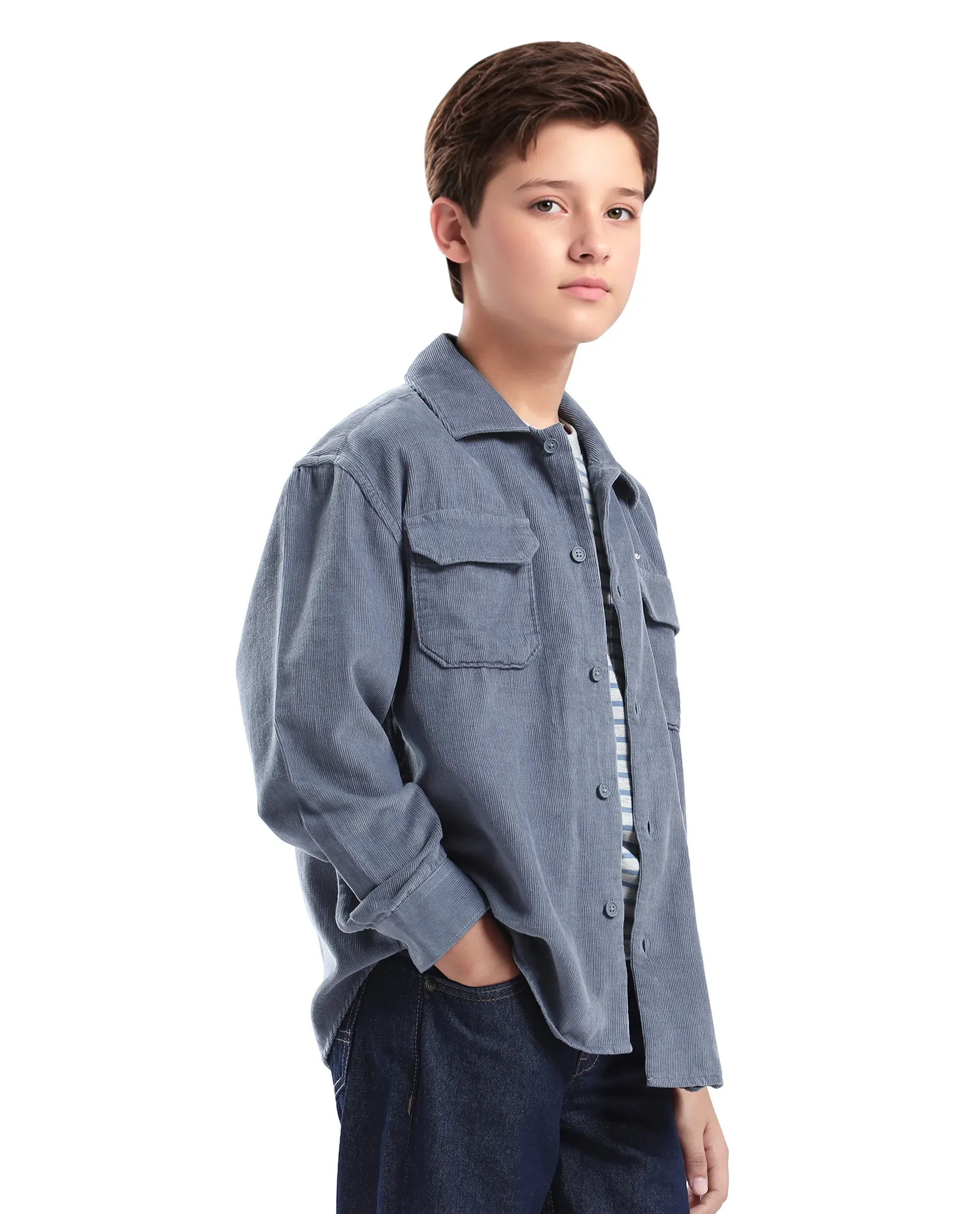 Rare Ones Kids Cord Grey Cotton Full Sleeve Button Embroidered Regular Fit Shirt - Image 5