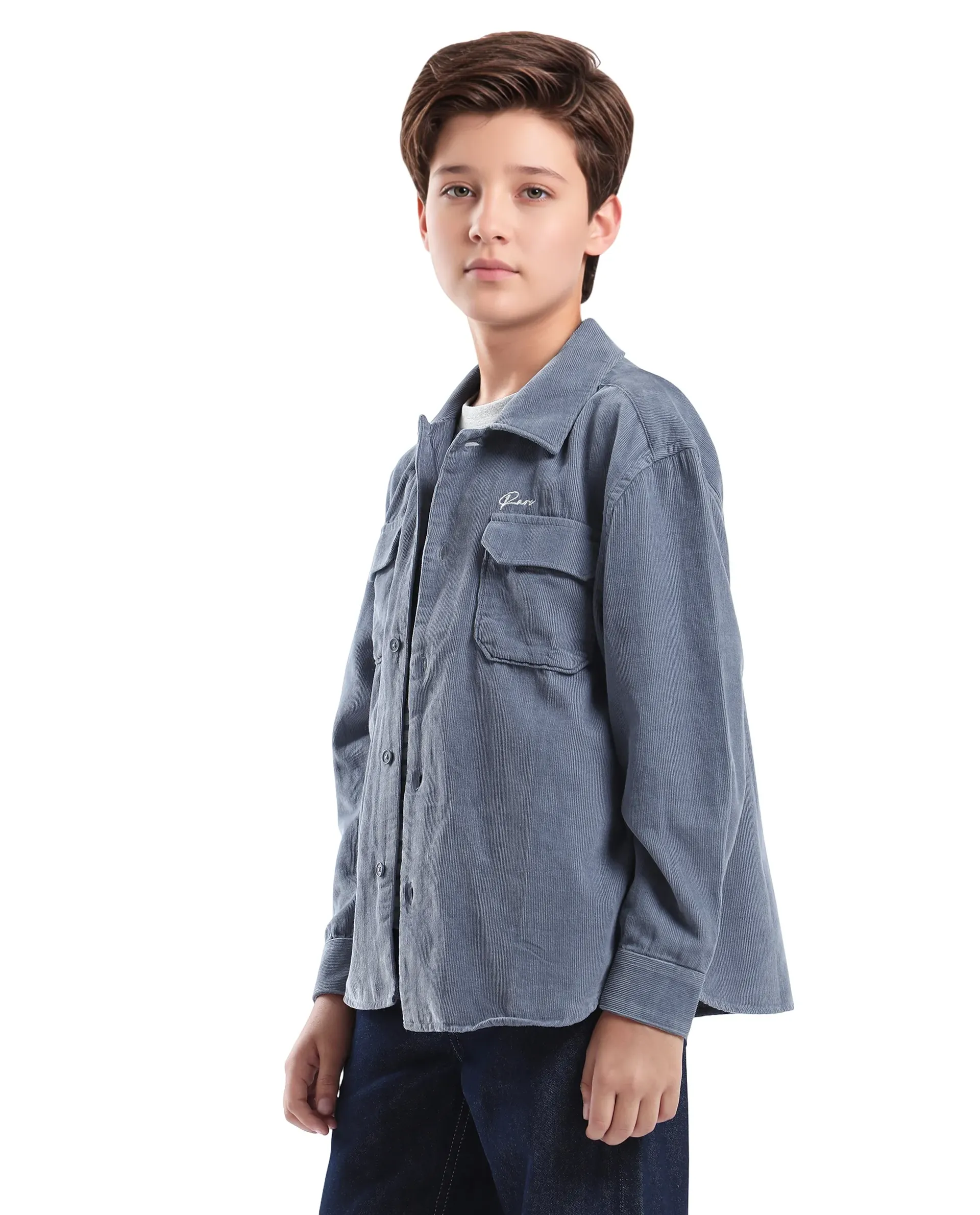 Rare Ones Kids Cord Grey Cotton Full Sleeve Button Embroidered Regular Fit Shirt - Image 6