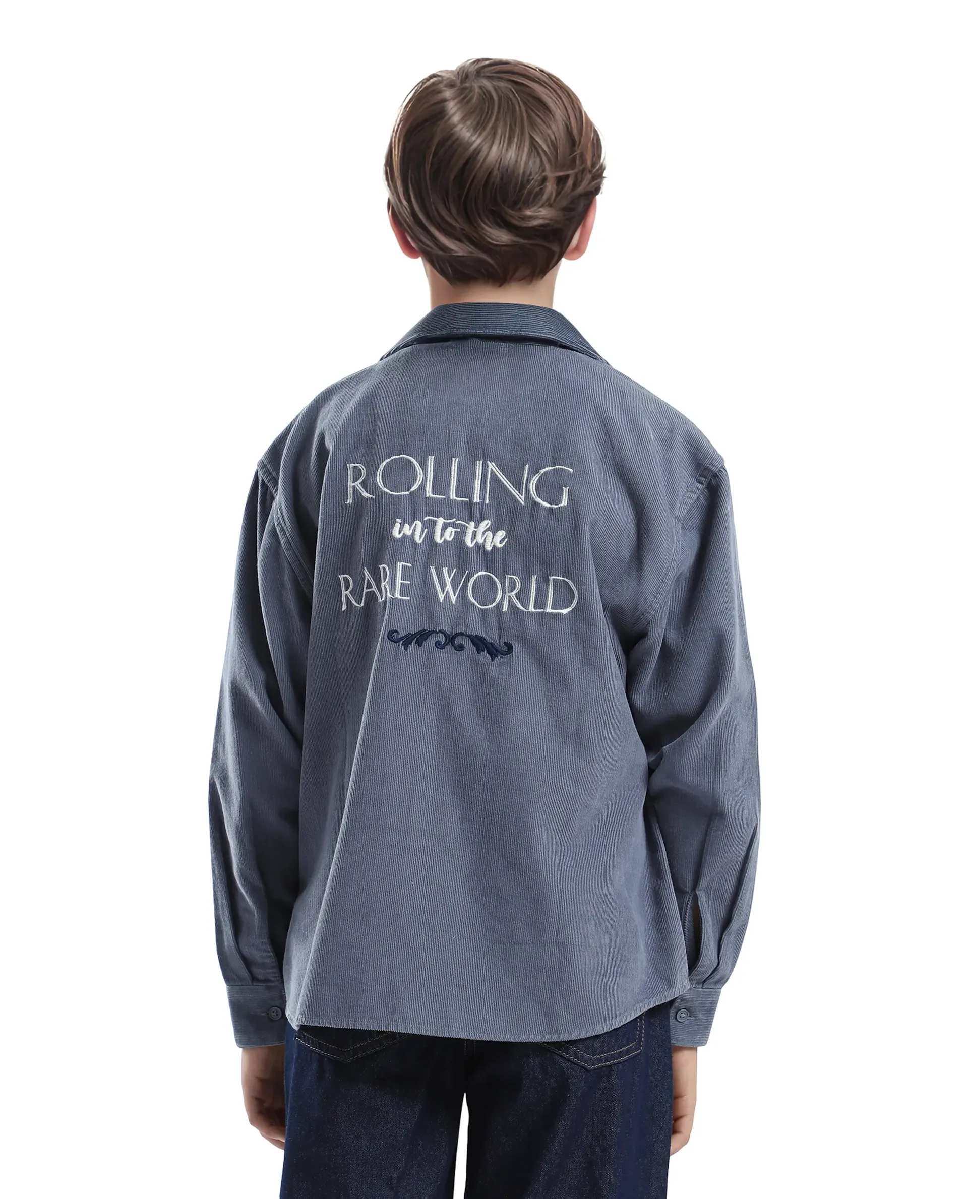 Rare Ones Kids Cord Grey Cotton Full Sleeve Button Embroidered Regular Fit Shirt - Image 7