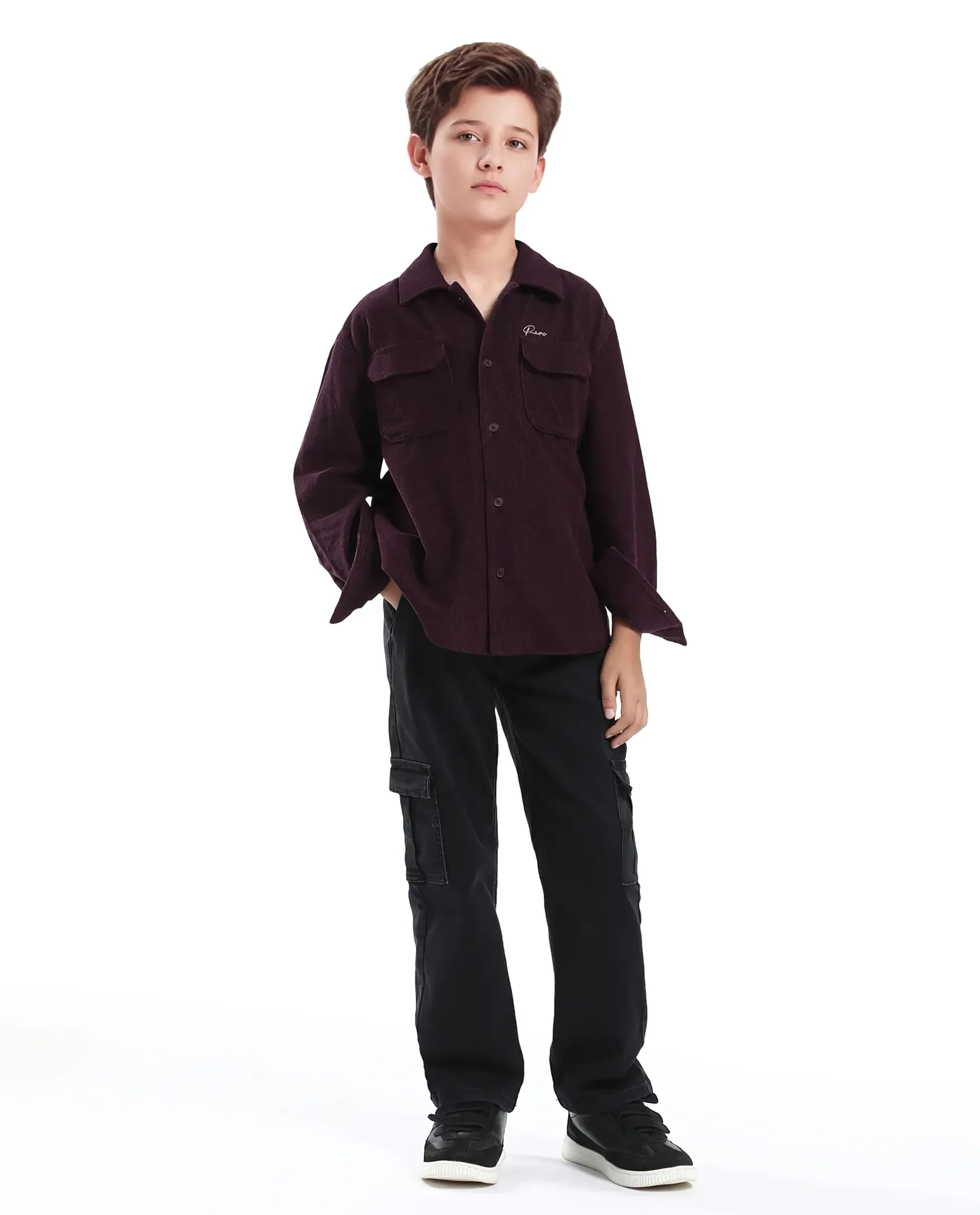 Rare Ones Kids Cord Maroon Cotton Full Sleeve Button Embroidered Regular Fit Shirt - Image 2