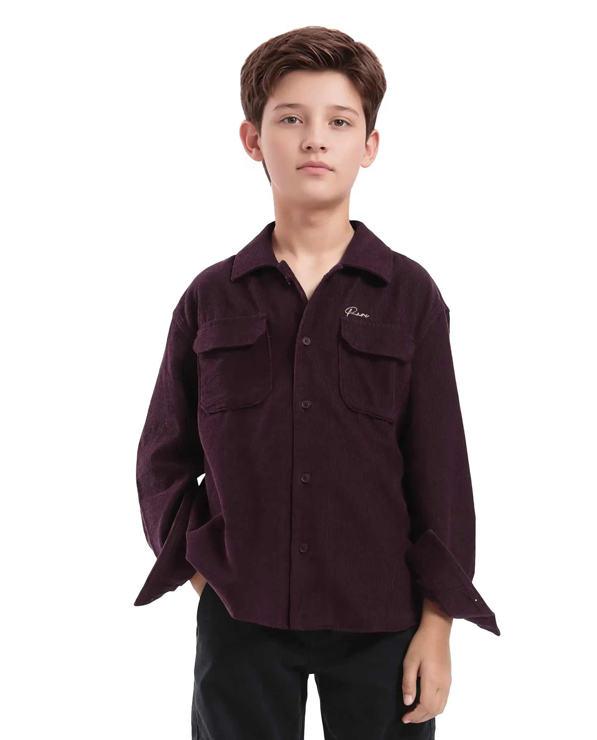 Rare Ones Kids Cord Maroon Cotton Full Sleeve Button Embroidered Regular Fit Shirt - Image 3
