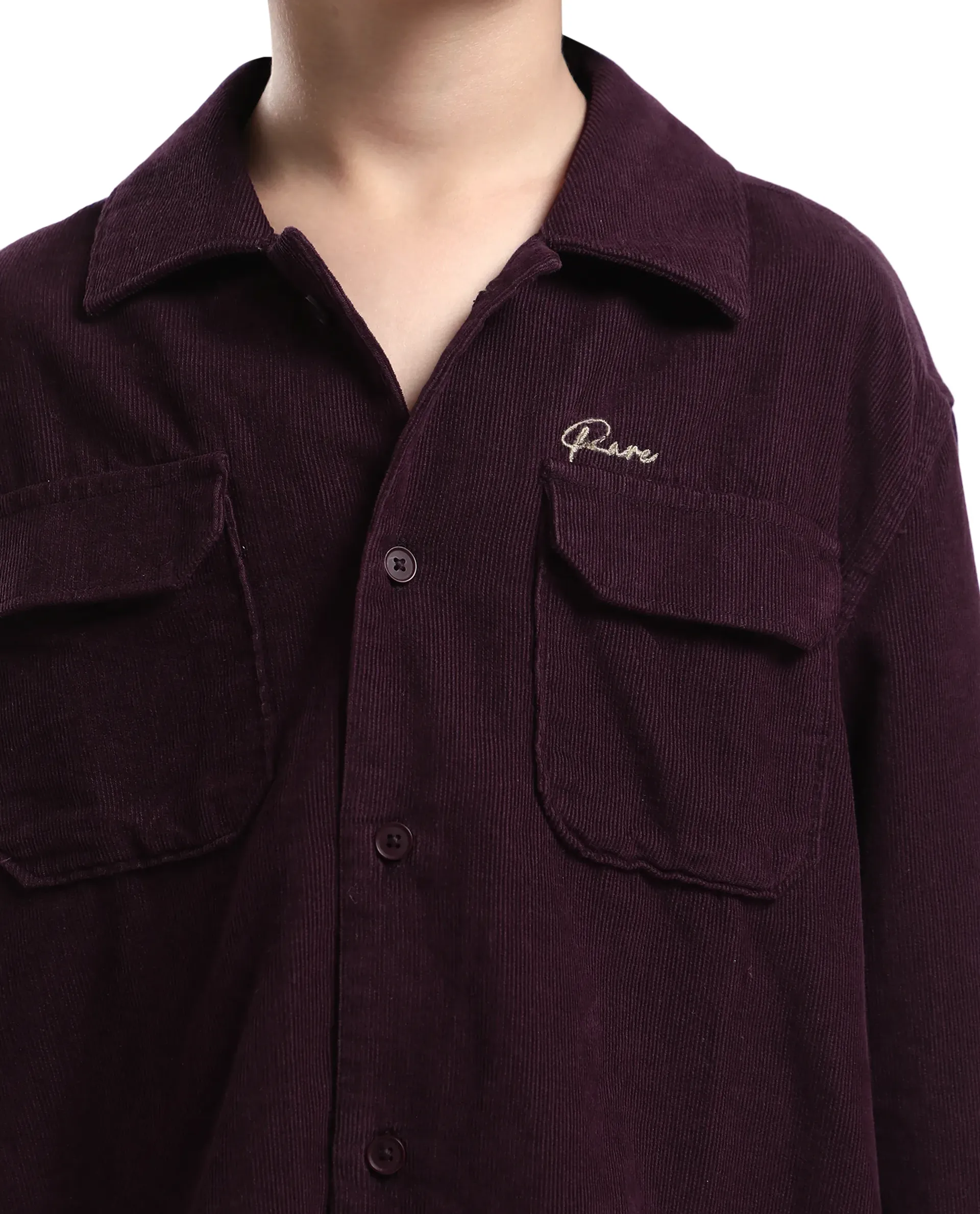 Rare Ones Kids Cord Maroon Cotton Full Sleeve Button Embroidered Regular Fit Shirt - Image 4
