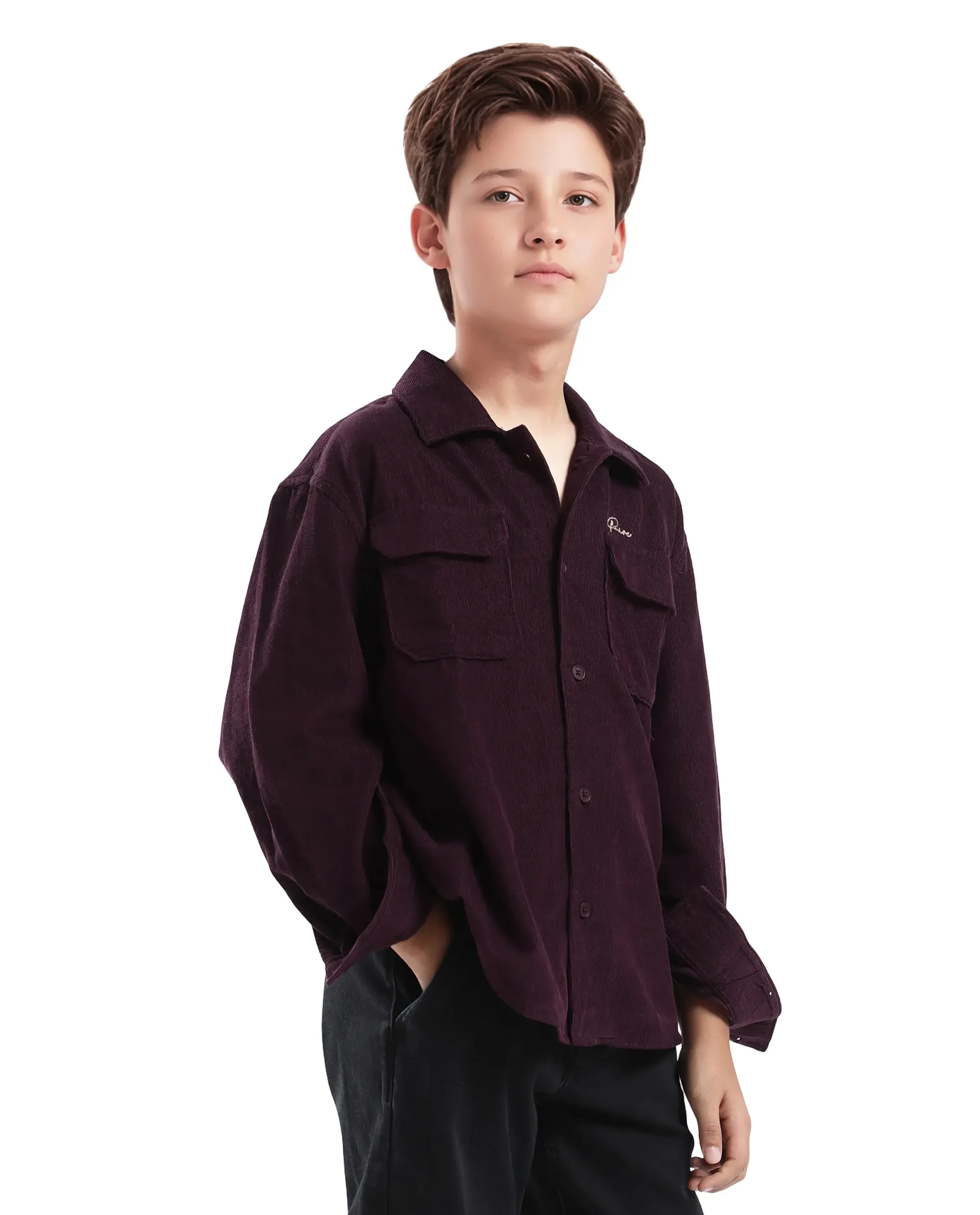 Rare Ones Kids Cord Maroon Cotton Full Sleeve Button Embroidered Regular Fit Shirt - Image 5