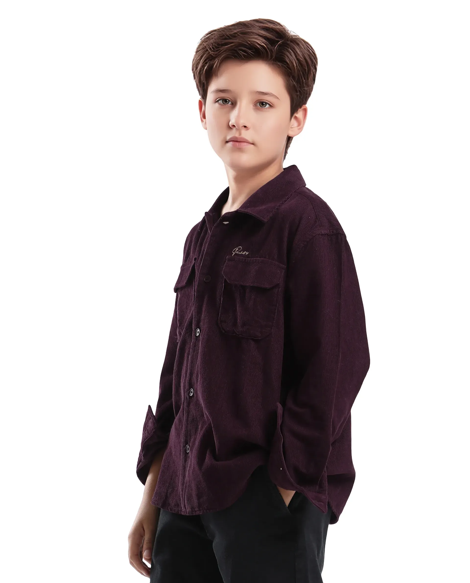 Rare Ones Kids Cord Maroon Cotton Full Sleeve Button Embroidered Regular Fit Shirt - Image 6