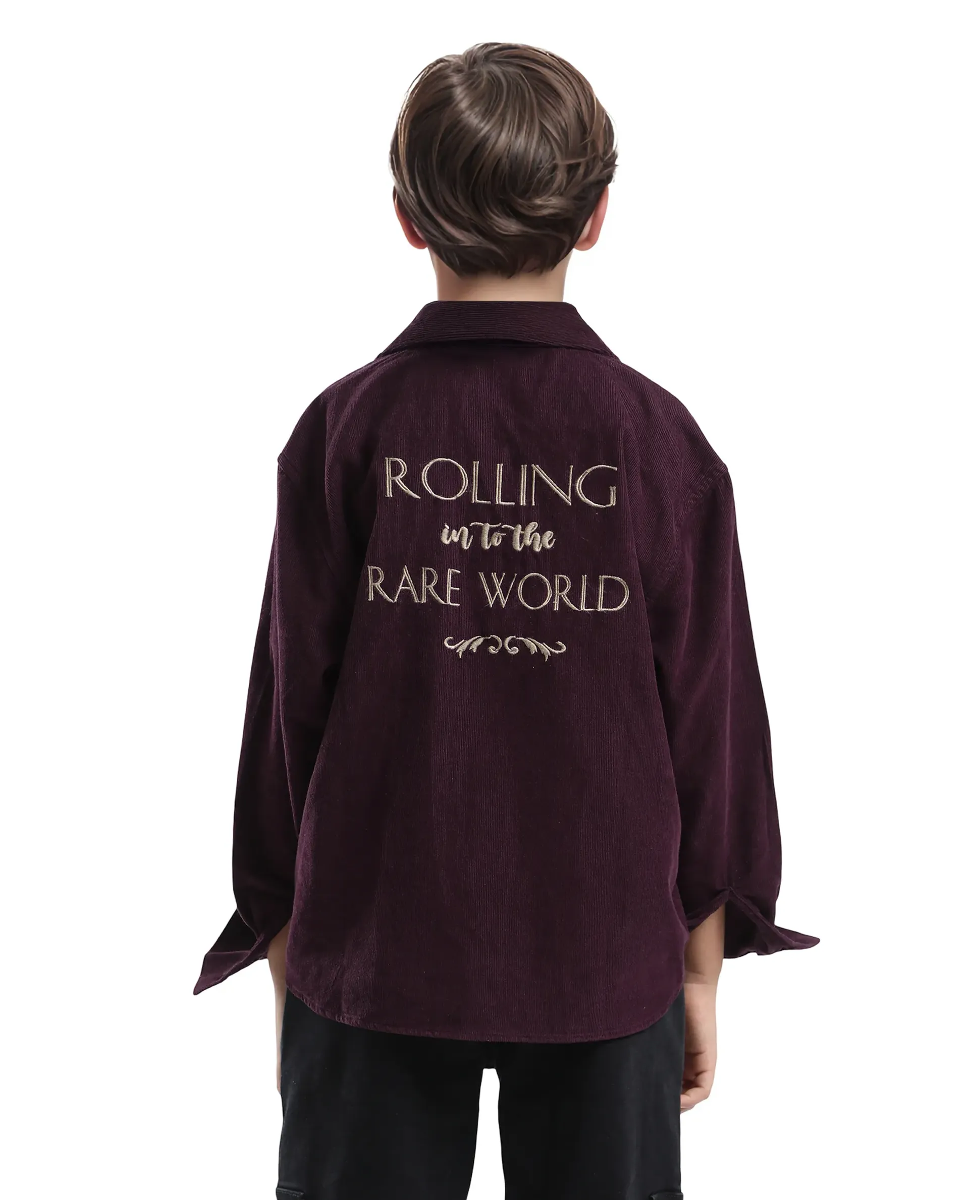 Rare Ones Kids Cord Maroon Cotton Full Sleeve Button Embroidered Regular Fit Shirt - Image 7