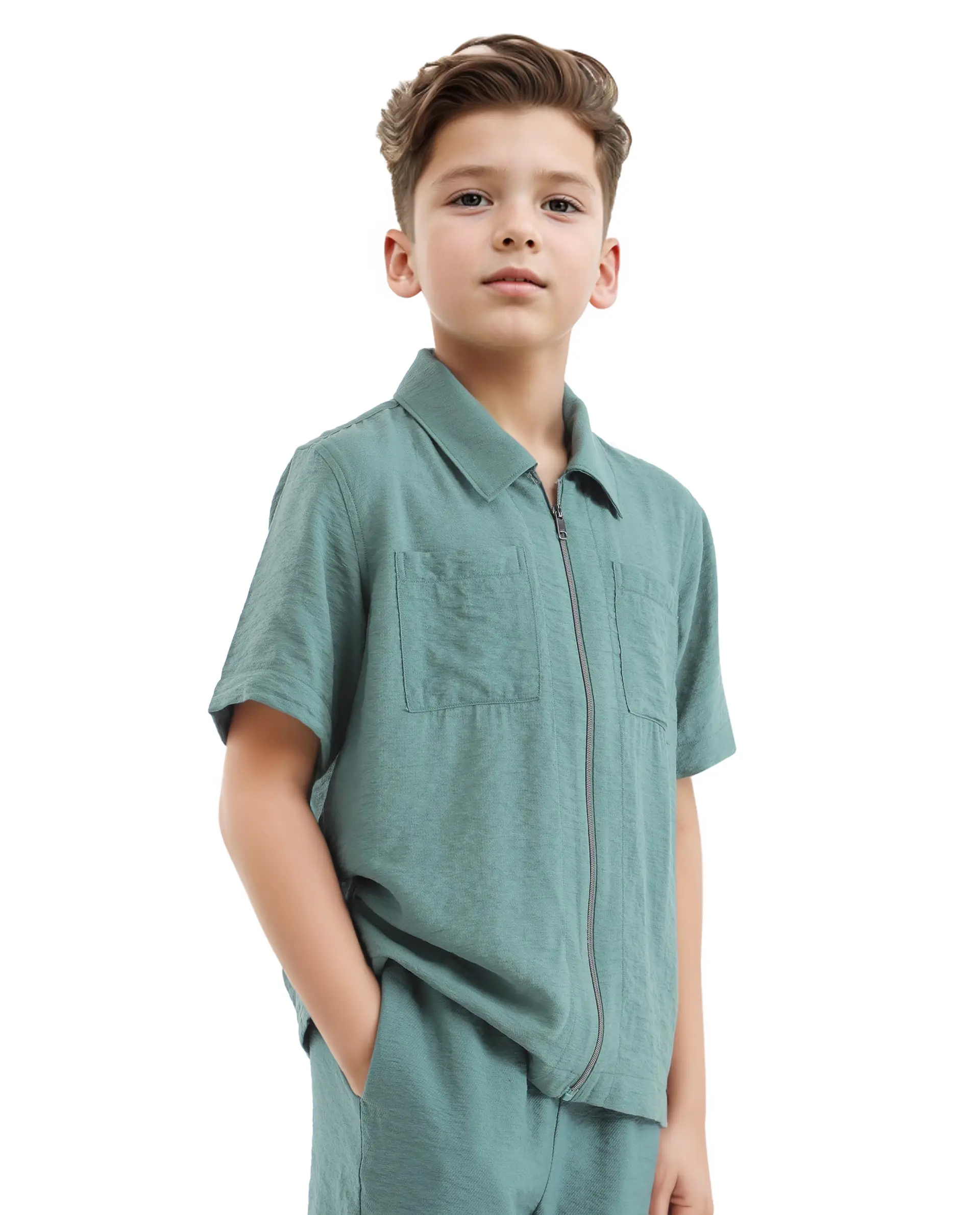 Rare Ones Kids Cose Green Viscose Half Sleeve Solid Shirt - Image 6
