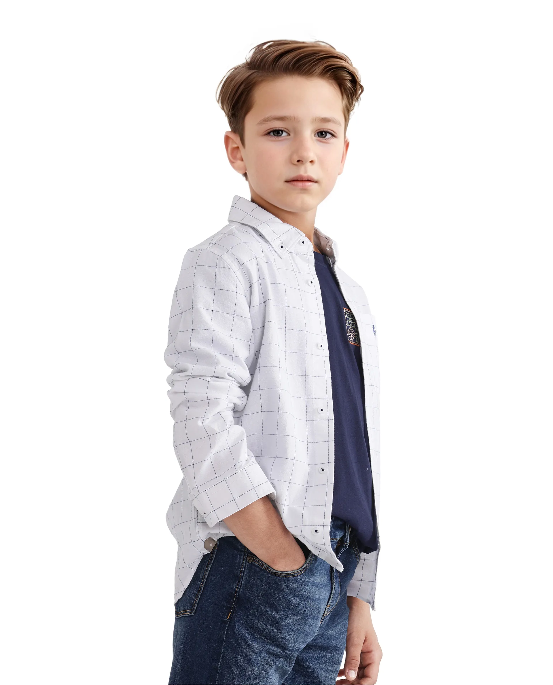 Rare Ones Kids Crew White Cotton Full Sleeves Button Down Collar Regular Fit Checked Shirt - Image 7